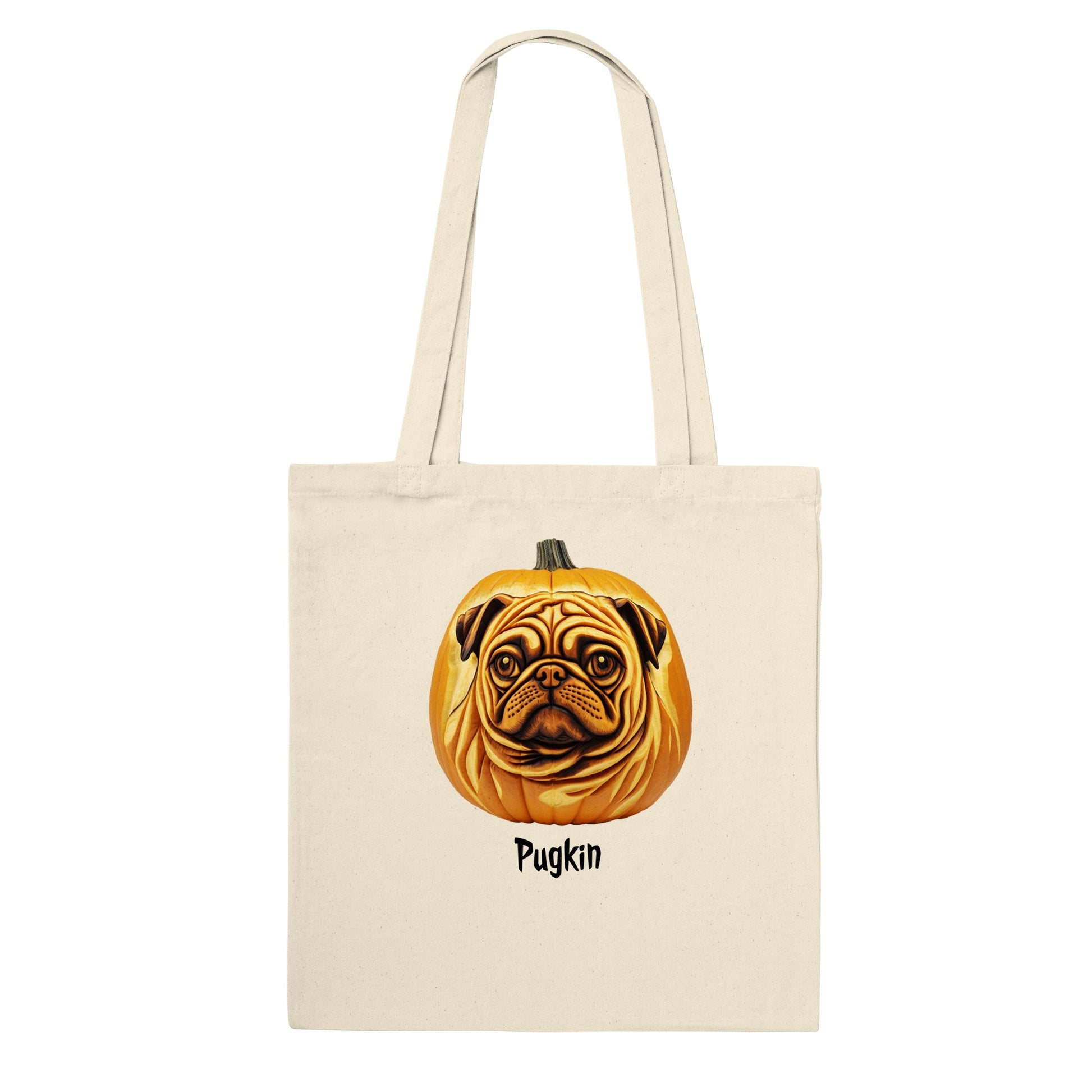 Natural beige tote bag with a pumpkin that has the face of a pug on it. The word Pugkin is written beneath the image.