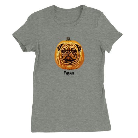 Athletic heather gray t-shirt with a pumpkin that has the face of a pug on it. The word Pugkin is written beneath the image.