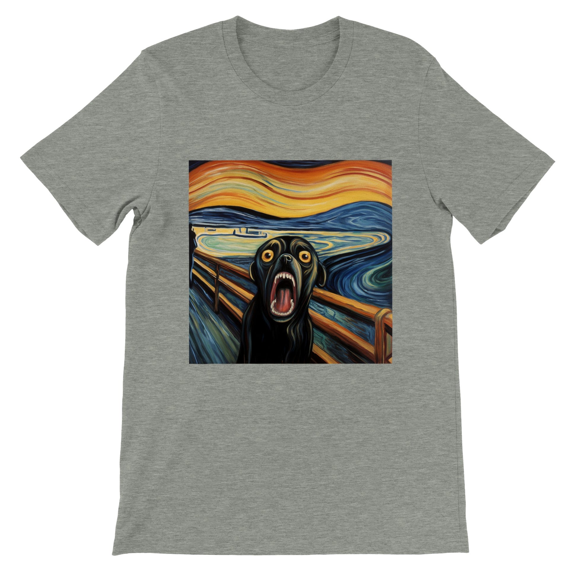 Athletic heather gray t-shirt with a pug version of Edvard Munch's "The Scream" 