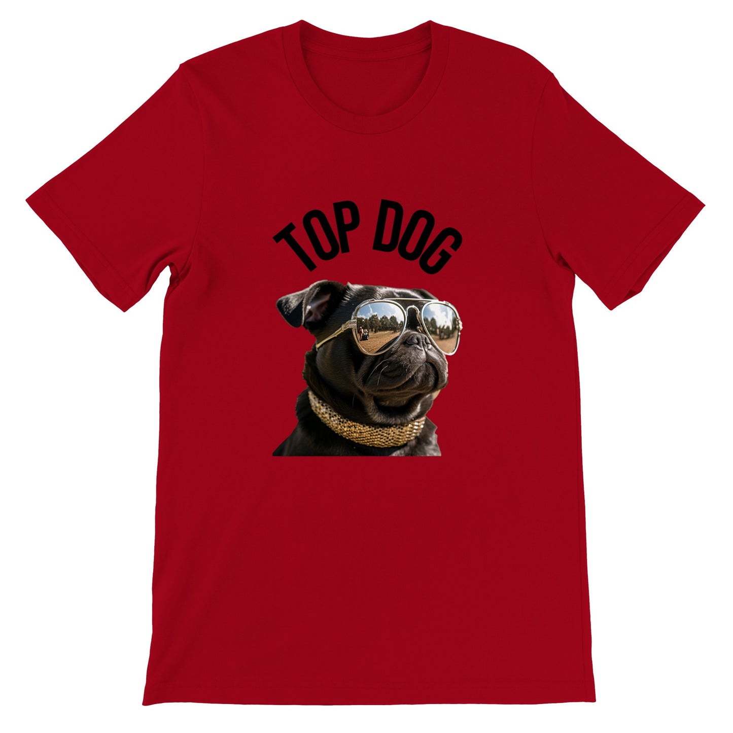 Red t-shirt with the image of a black pug wearing reflective aviator sunglasses and a gold collar. The words "Top Dog" are written in an arc above the image.