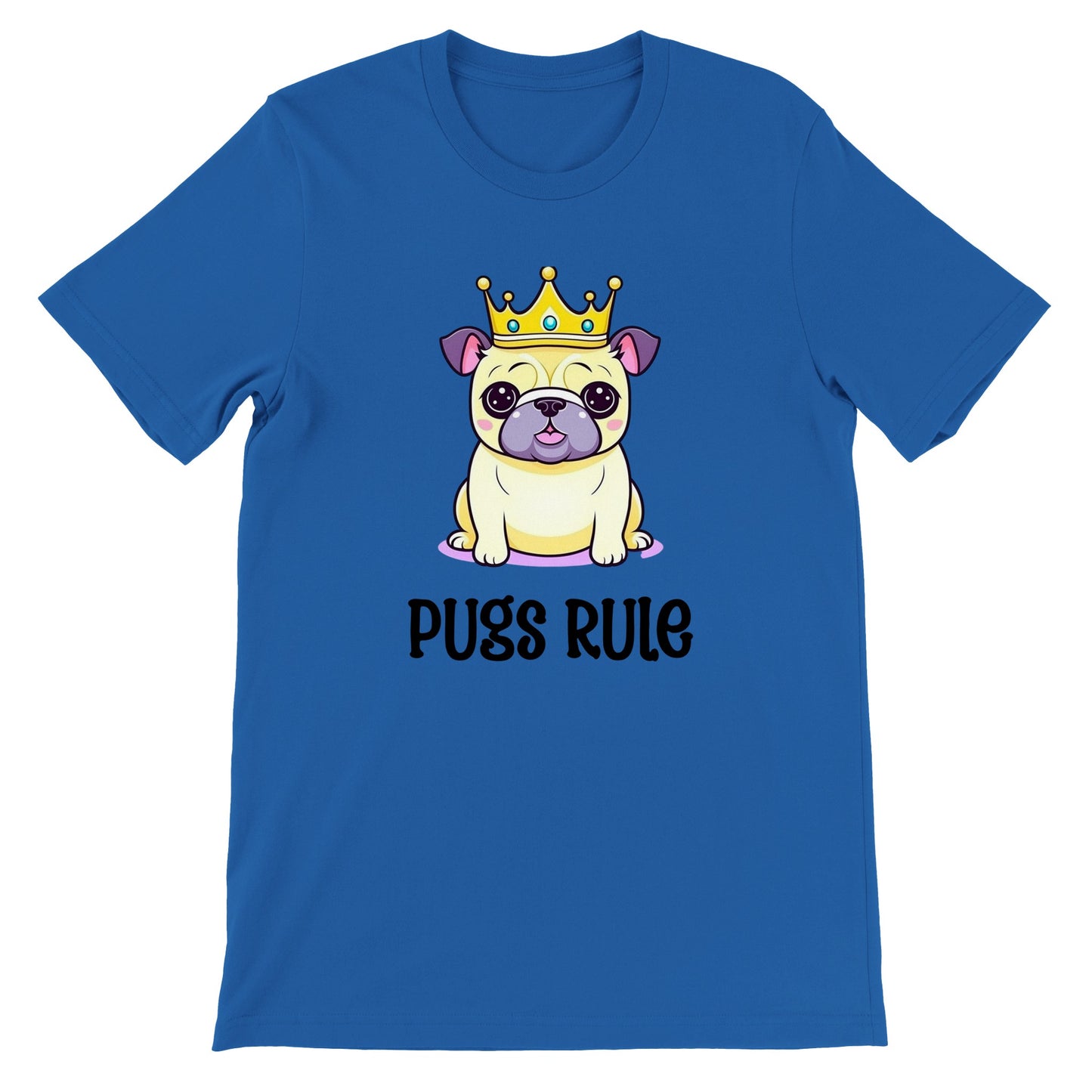 Royal blue t-shirt with  an image of a Kawaii-icon style pug on it. The pug is yellowy-beige with purple ears and purple-gray jowls, and the words "Pugs rule" are written under it.