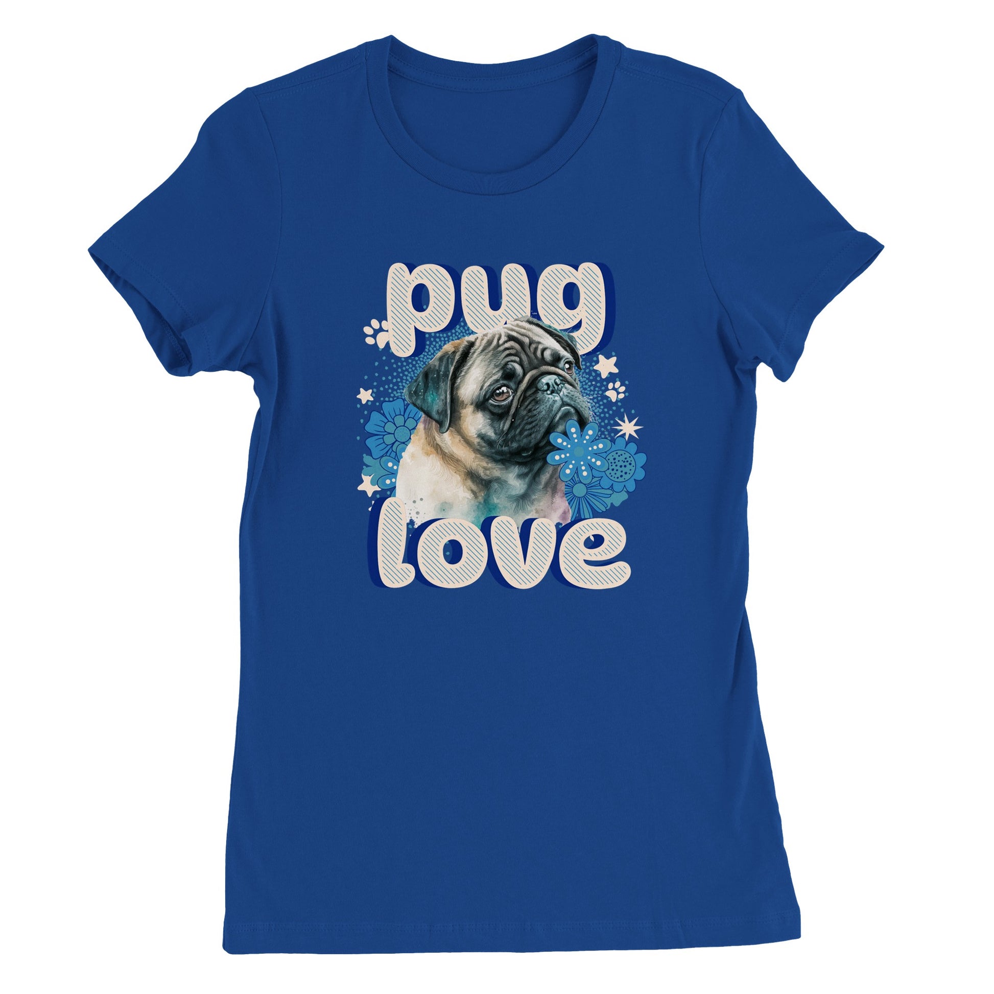 Royal blue t-shirt with a pug's head and shoulders surrounded by blue flowers and white stars and paw prints with the word "pug" above and the word "love" below in puffy bubble letters.