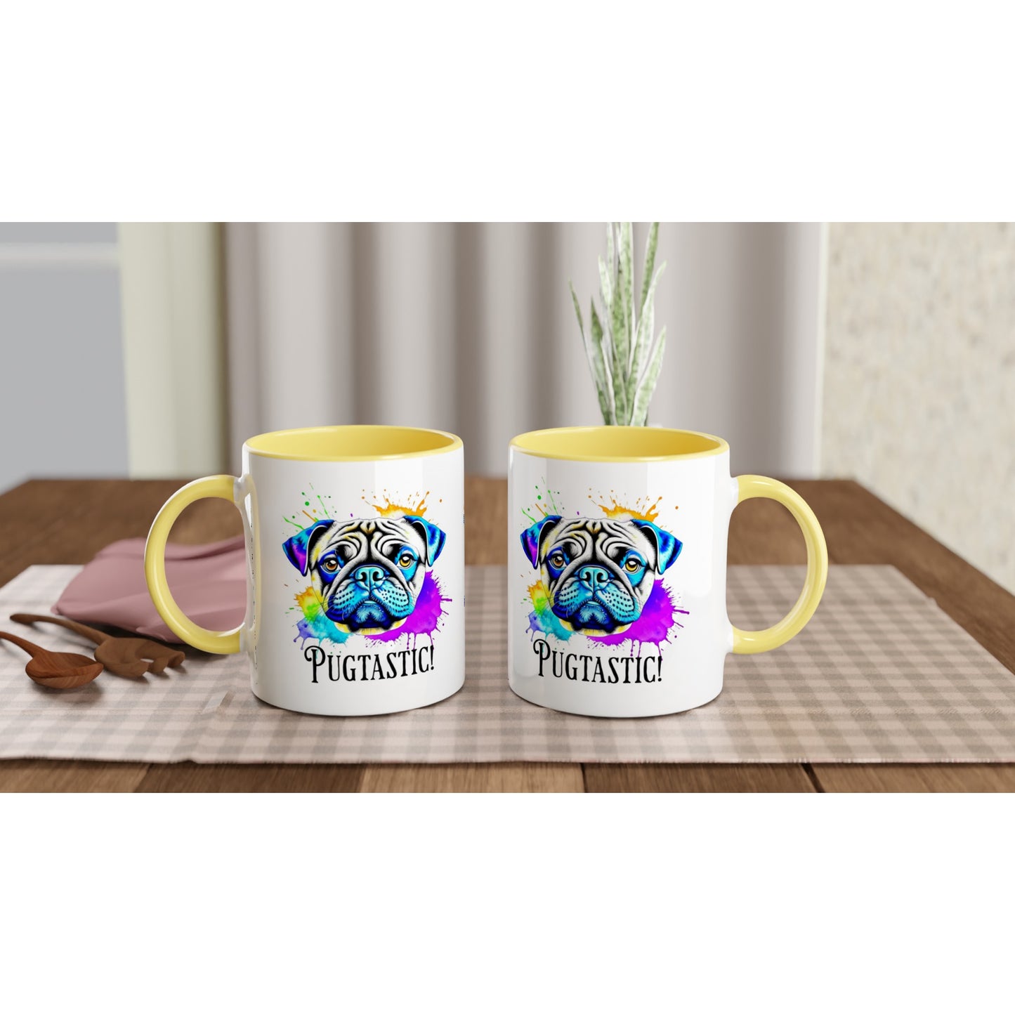 Pugtastic -- White 11oz Ceramic Pug Mug with Color Inside