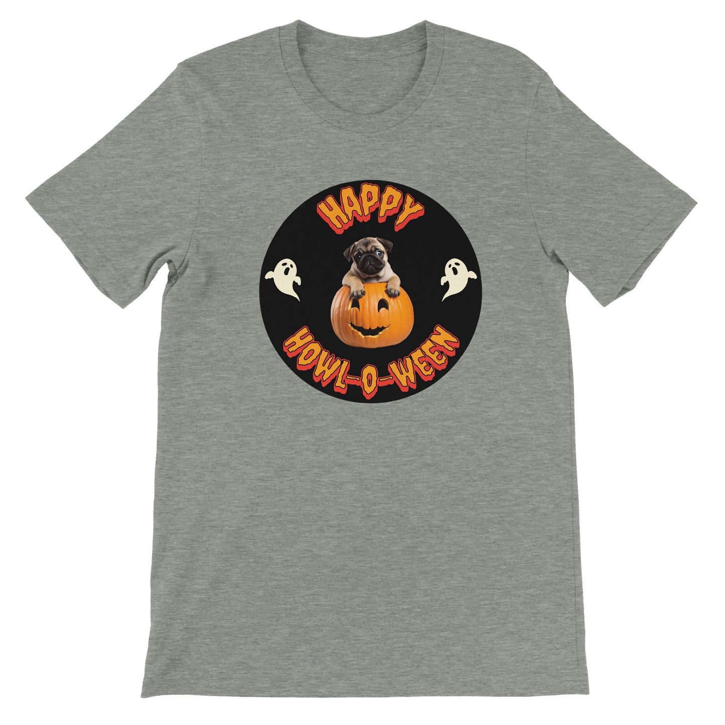 Athletic heather gray t-shirt with a black circle in the middle. Centered in the circle is a pug puppy climbing out of a jack-o-lantern with the word "Happy" in orange spooky letters curved above the image and "Howl-o-ween" in orange spooky letters curved below the image and a white ghost on either side of the image.