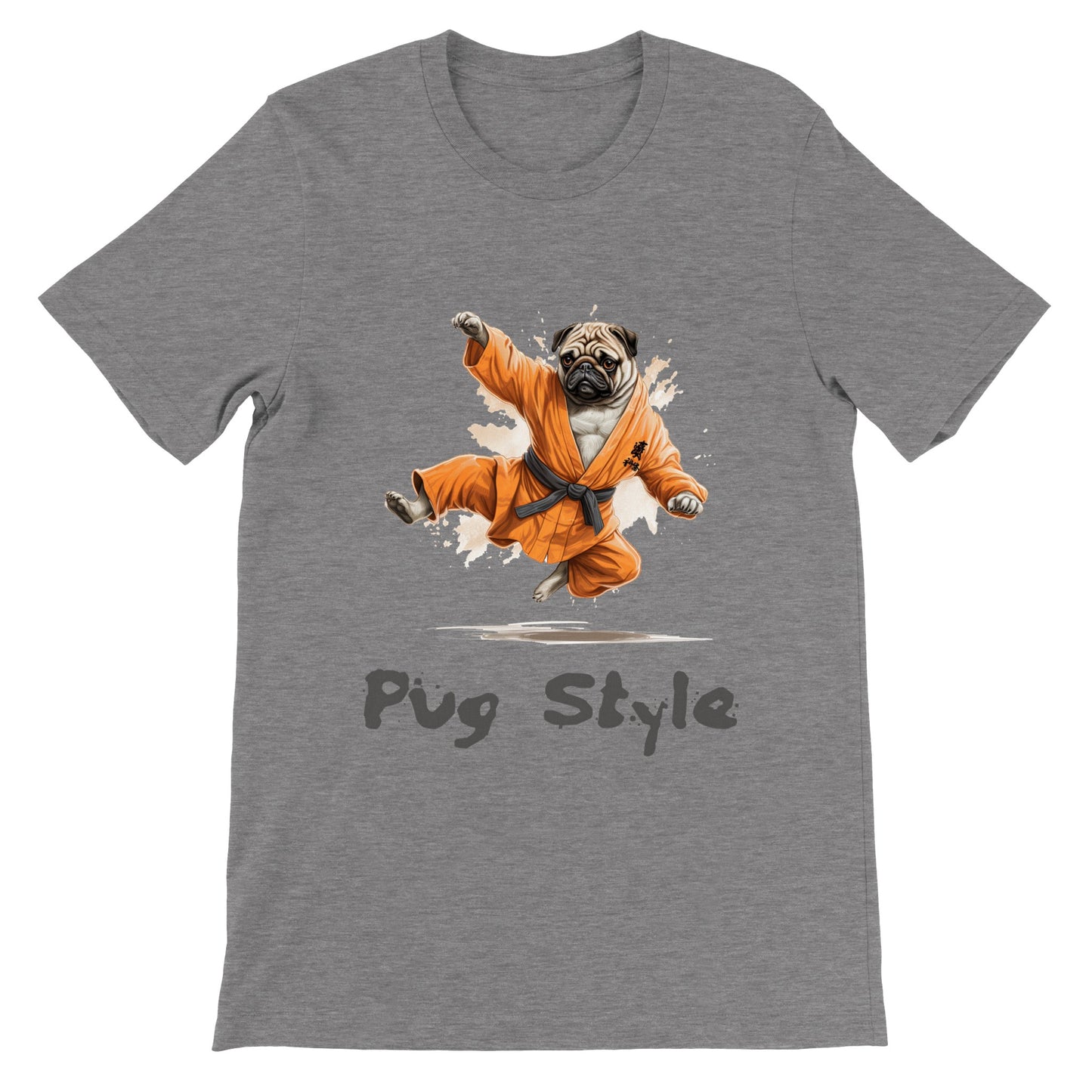 Dark gray heather t-shirt with a picture of a cartoon pug wearing an orange gi and doing a flying sidekick with the words "Pug Style" written underneath.