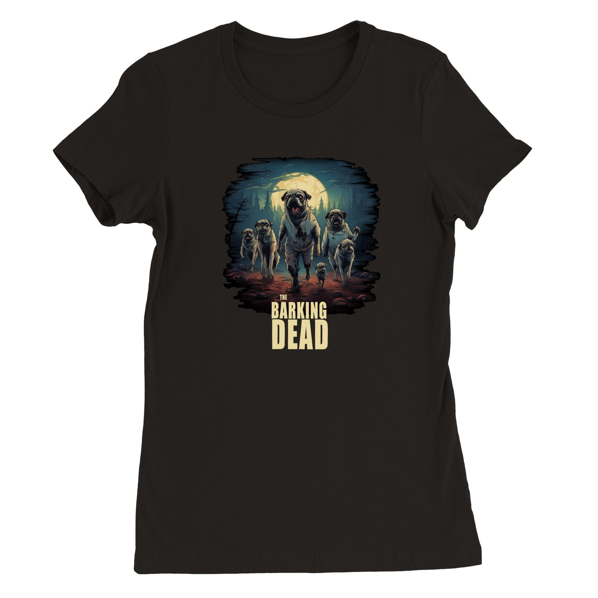 Black t-shirt with the image of a group of zombie pugs walking through a forest on a spooky moonlit night with the words "The barking dead" underneath the image