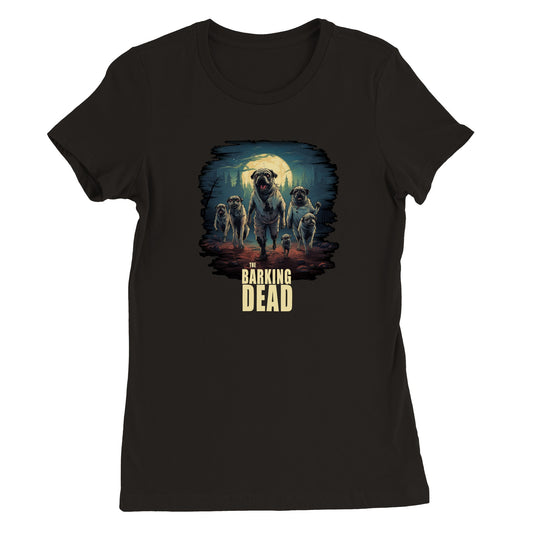 Black t-shirt with the image of a group of zombie pugs walking through a forest on a spooky moonlit night with the words "The barking dead" underneath the image