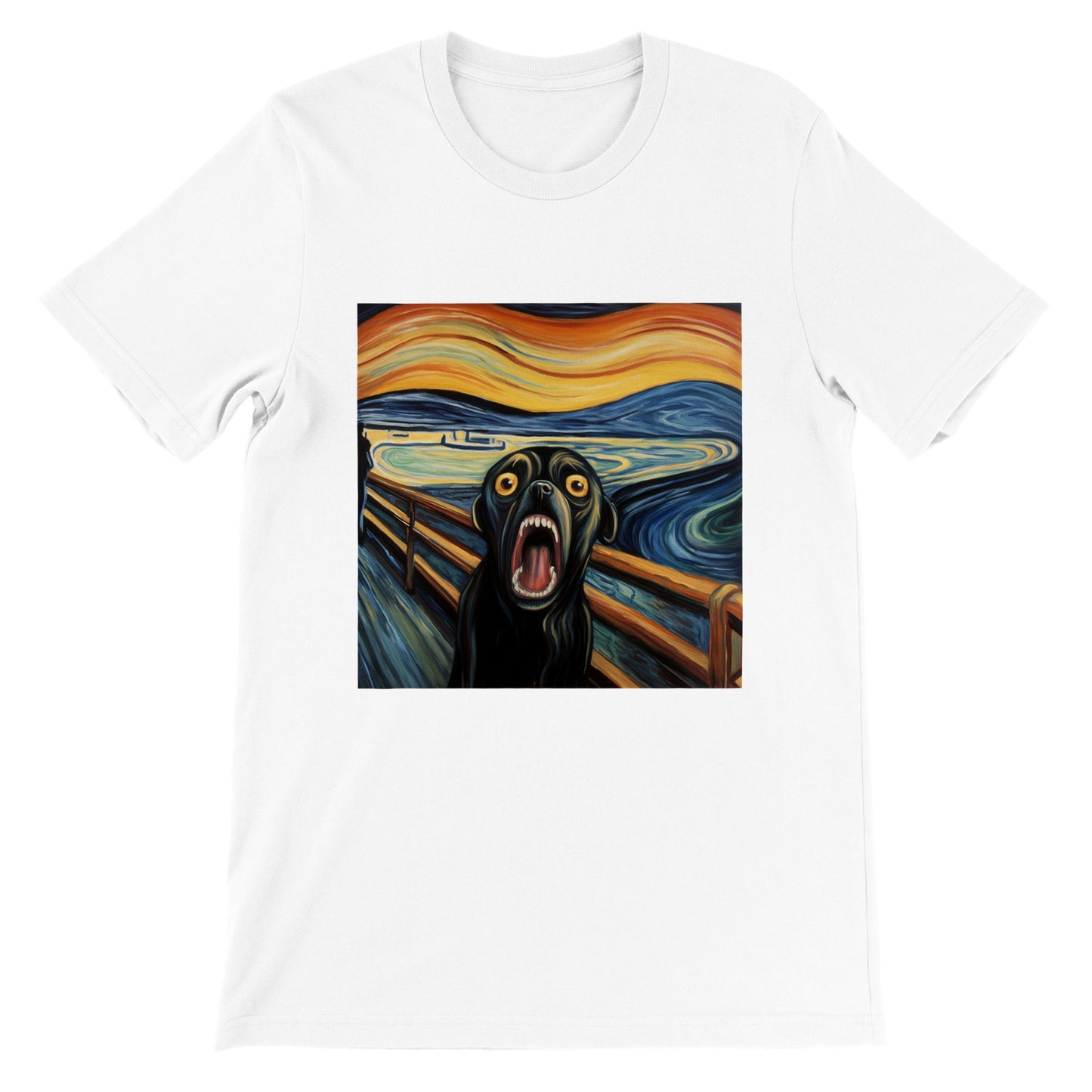 White t-shirt with a pug version of Edvard Munch's "The Scream" 