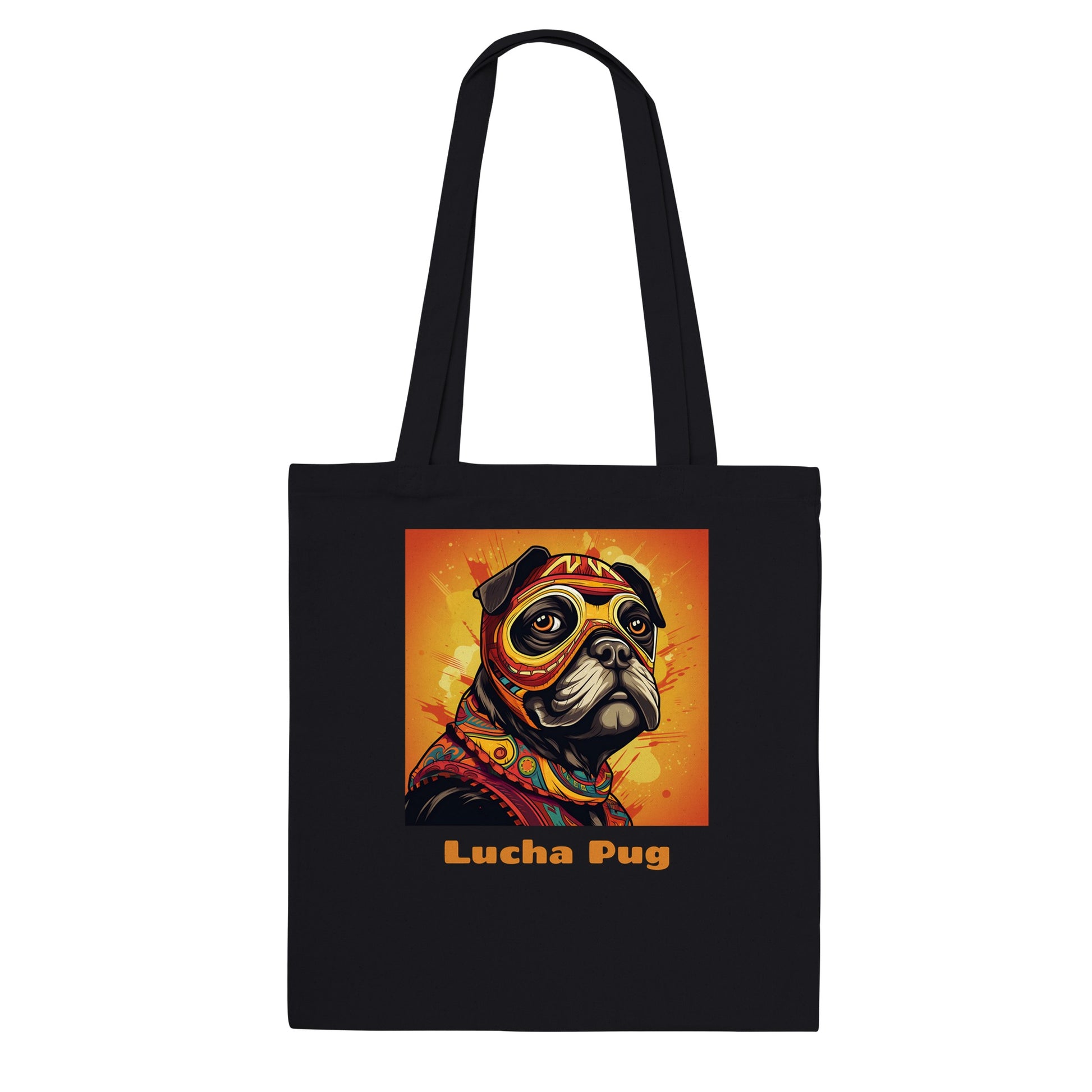 Black tote bag with the bust of a cartoon pug wearing an orange, red, and yellow luchador mask and costume on a fiery orange and yellow background