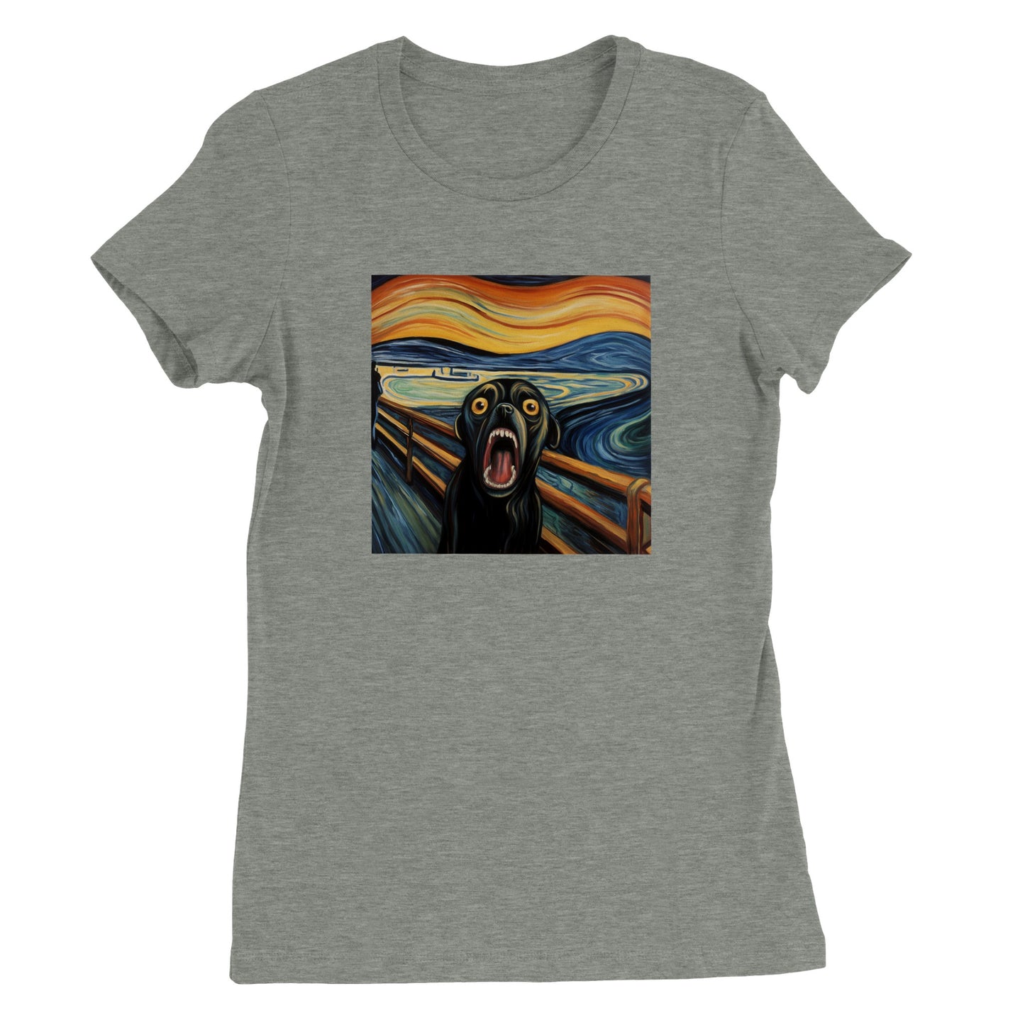 Athletic heather gray t-shirt with a pug version of Edvard Munch's "The Scream" 