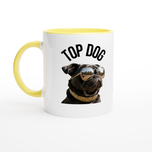 White mug with yellow handle, rim, and inside with the image of a black pug wearing reflective aviator sunglasses and a gold collar. The words "Top Dog" are written in an arc above the image.