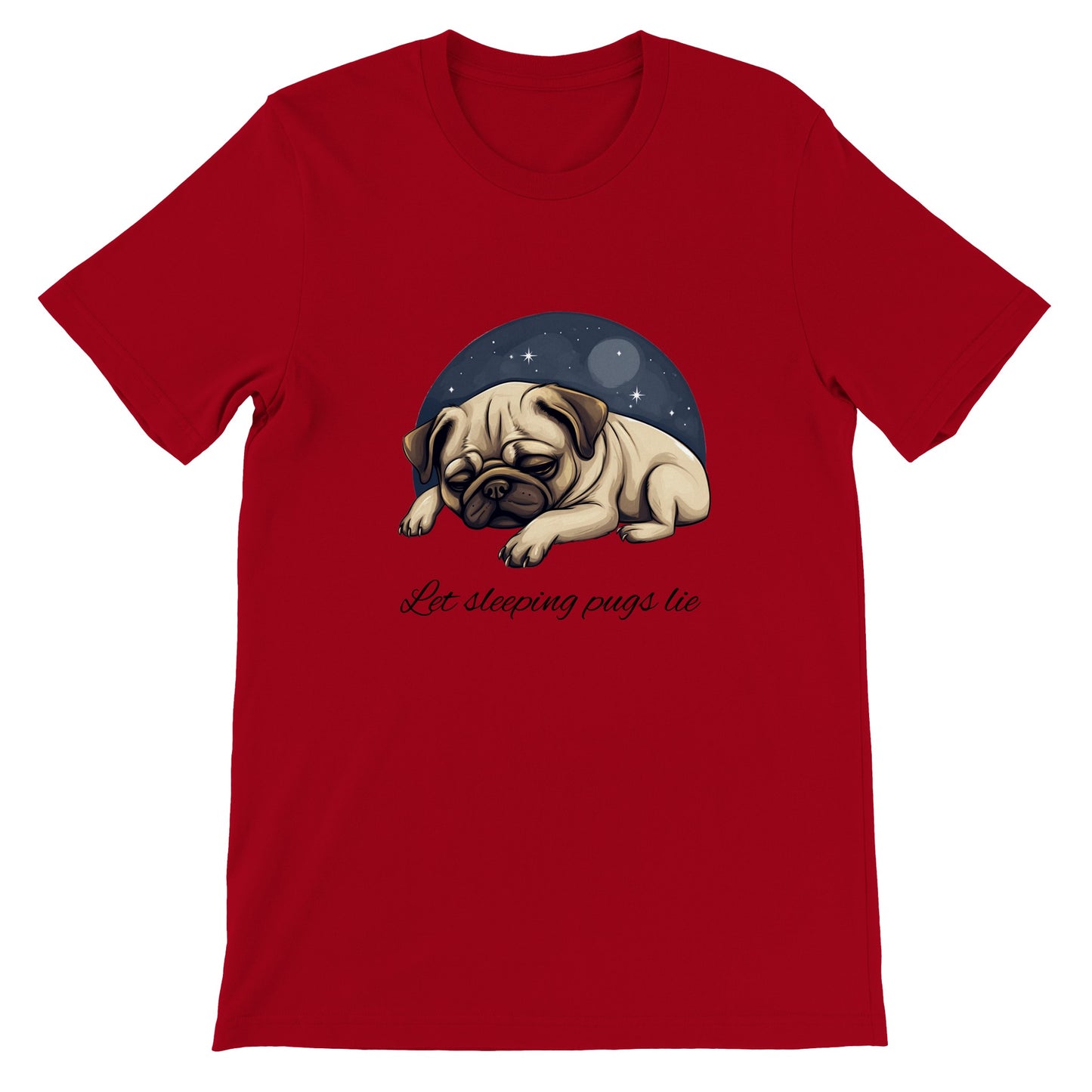 Red t-shirt with a cartoonish picture of a sleeping pug surrounded by a half-circle of starry night sky with the words "Let sleeping pugs lie" under the image in cursive lettering.