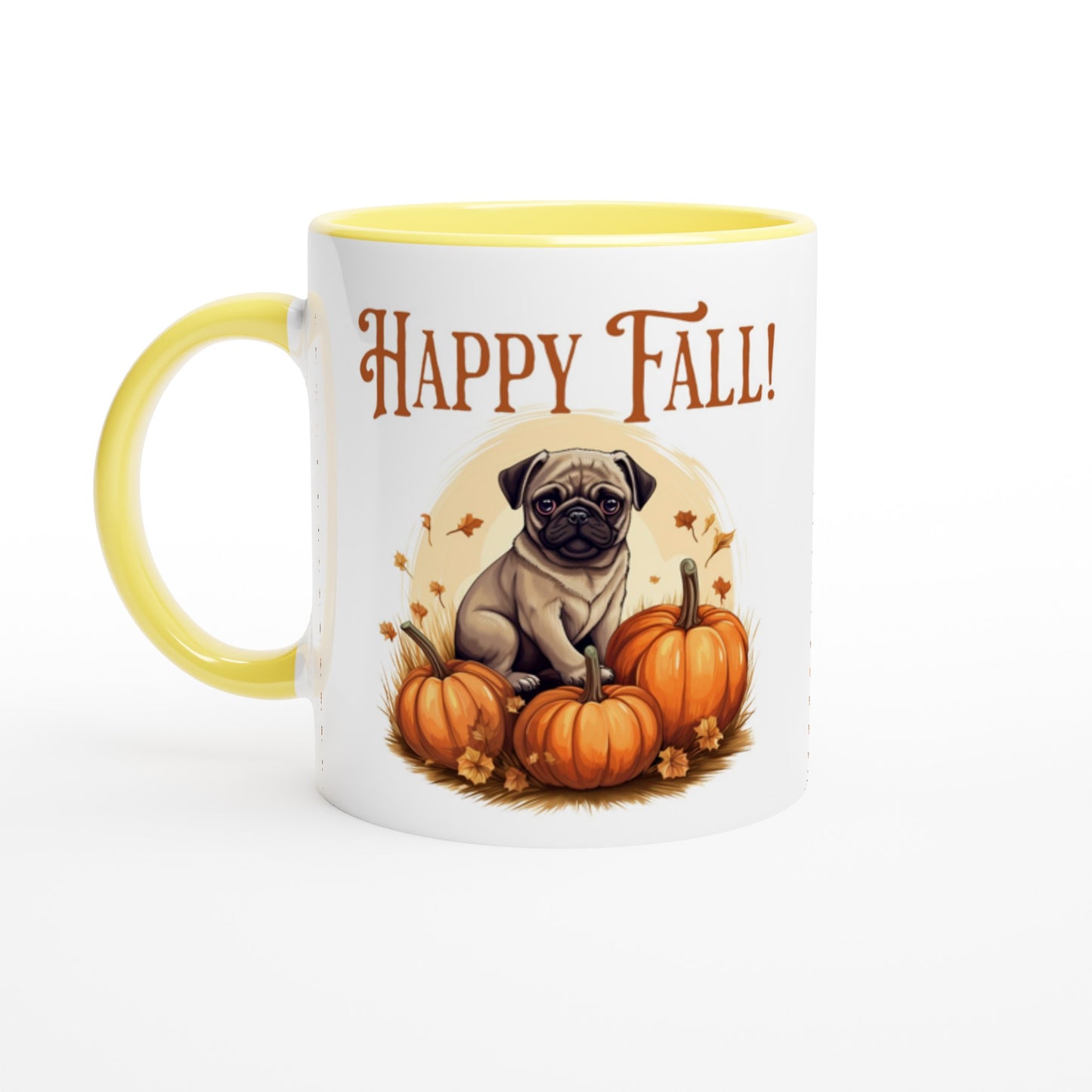 White mug with a yellow handle, rim, and inside with a picture of a pug sitting in a pumpkin patch