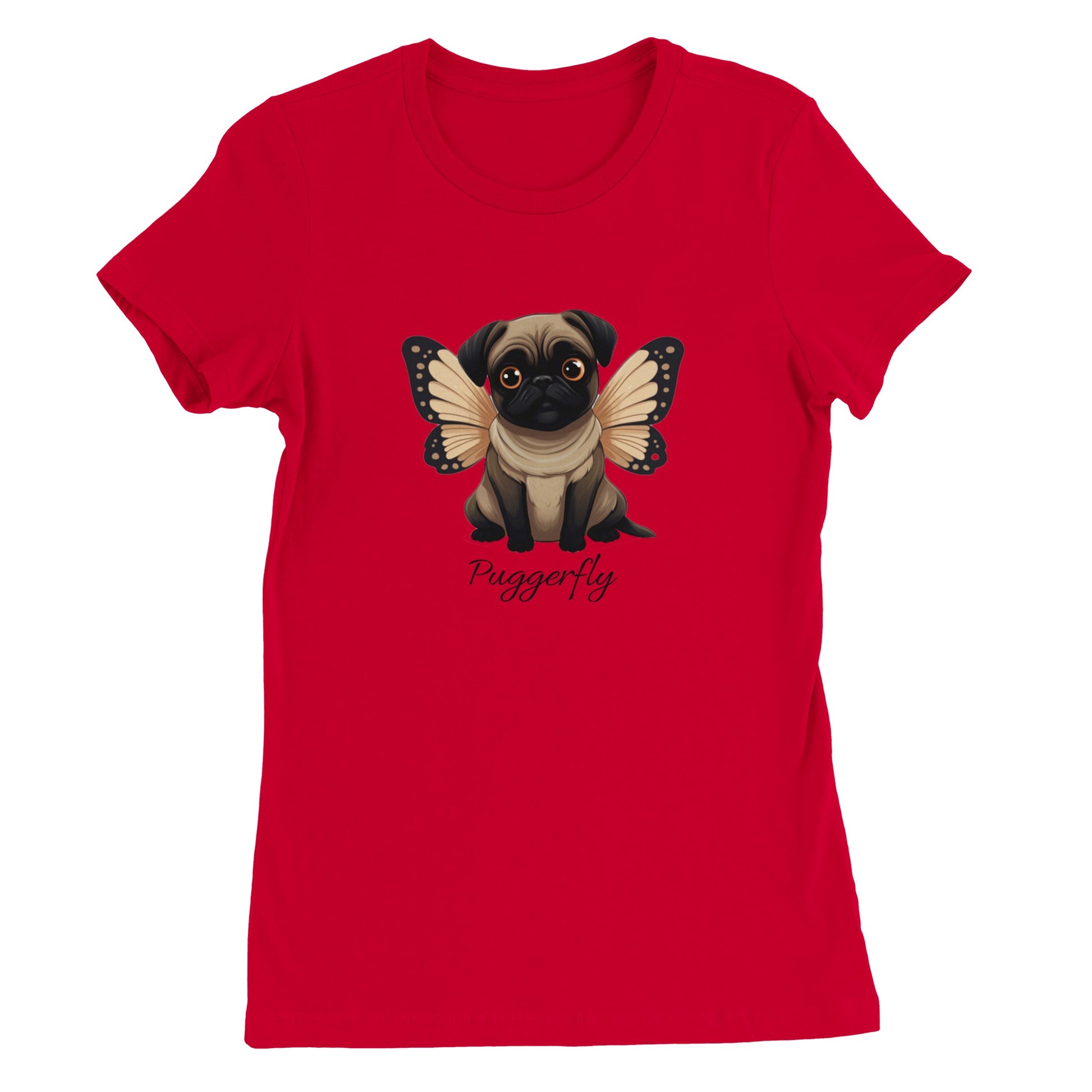 Red t-shirt with a cartoon style picture of a fawn-colored pug with orangey-beige butterfly wings attached to her back and big sad eyes. The word "Puggerfly" is beneath the image.