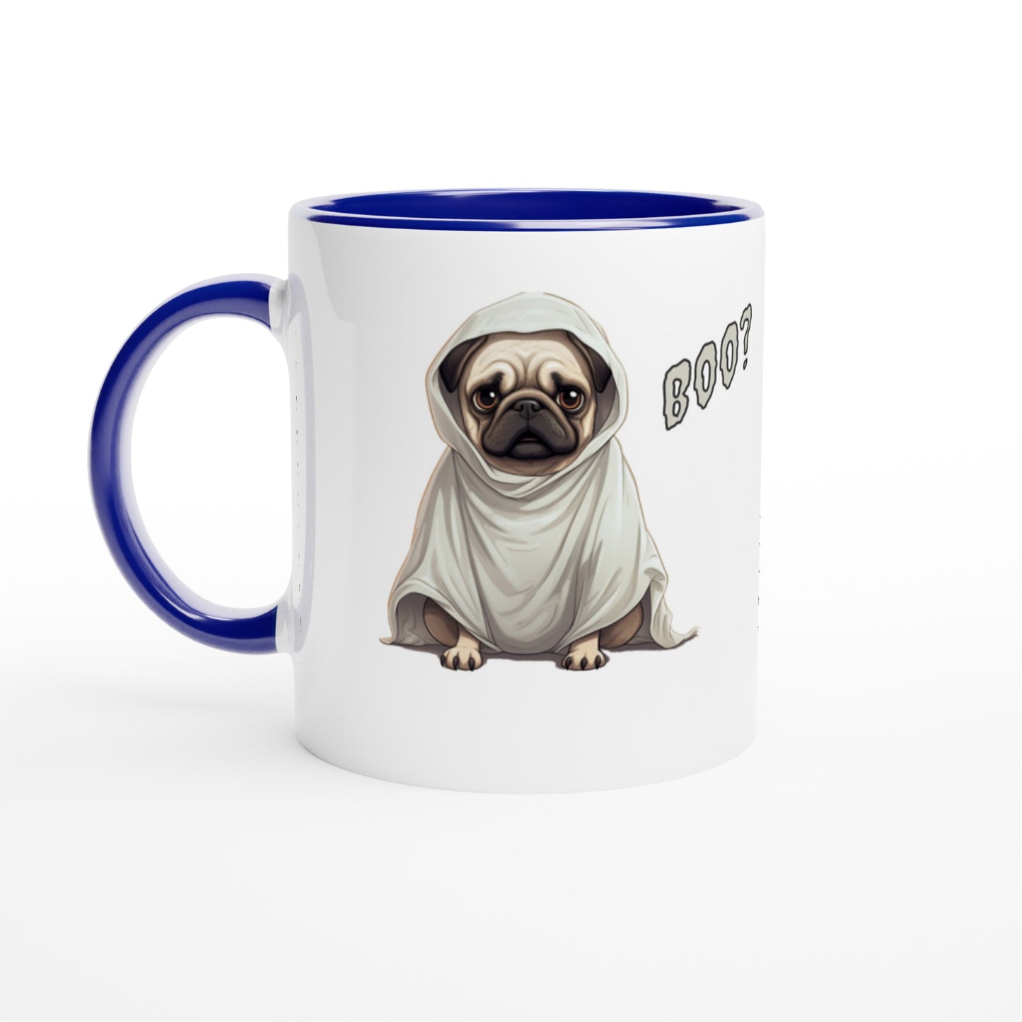 White mug with blue handle, rim, and inside with a fawn-colored cartoon-style pug on it. The pug has a concerned expression and is wearing a ghost costume. The word "Boo?" is on the right side of the image.