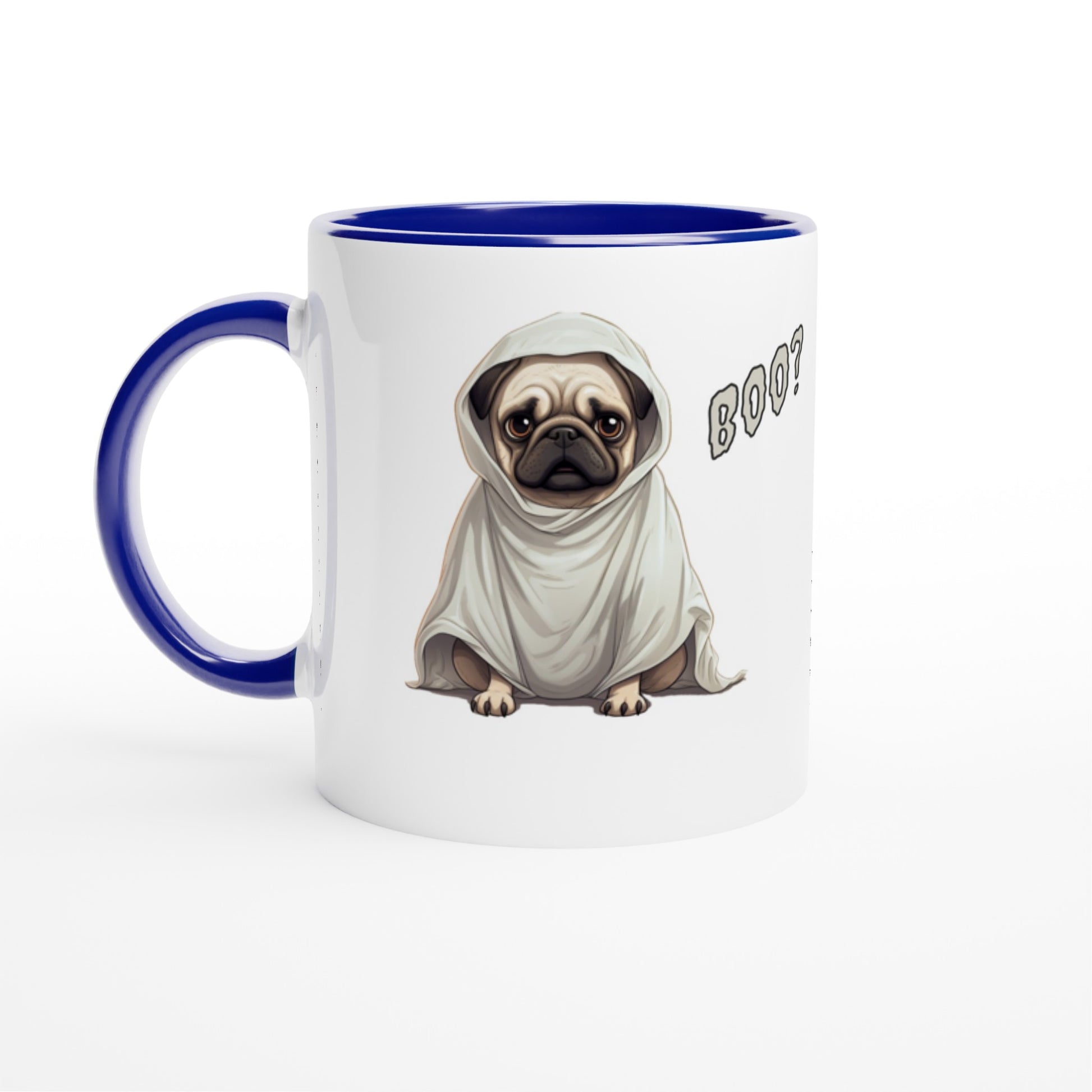 White mug with blue handle, rim, and inside with a fawn-colored cartoon-style pug on it. The pug has a concerned expression and is wearing a ghost costume. The word "Boo?" is on the right side of the image.