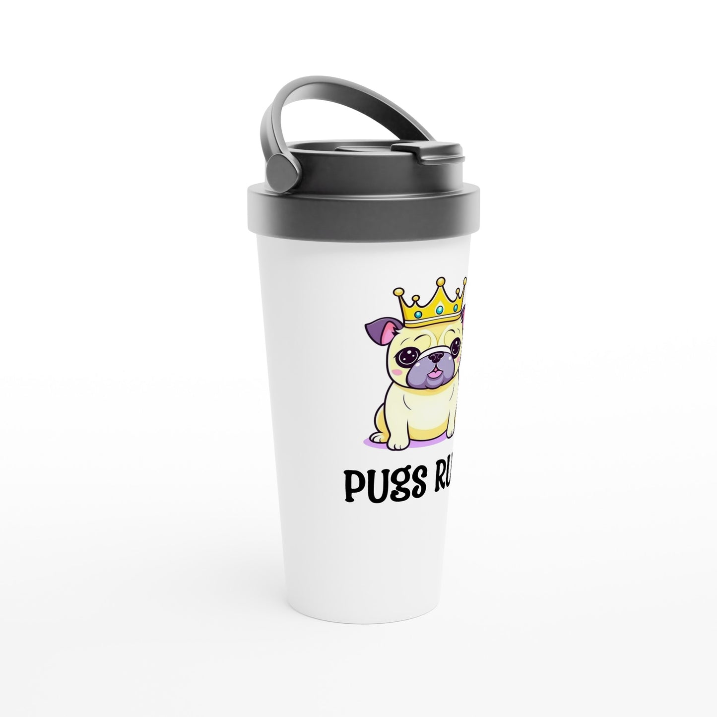 White stainless steel travel mug with  an image of a Kawaii-icon style pug on it. The pug is yellowy-beige with purple ears and purple-gray jowls, and the words "Pugs rule" are written under it.