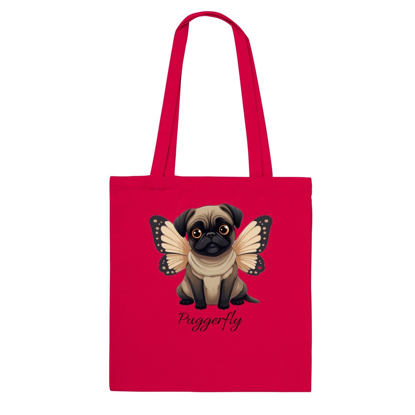 Red tote bag with a cartoon style picture of a fawn-colored pug with orangey-beige butterfly wings attached to her back and big sad eyes. The word "Puggerfly" is beneath the image.