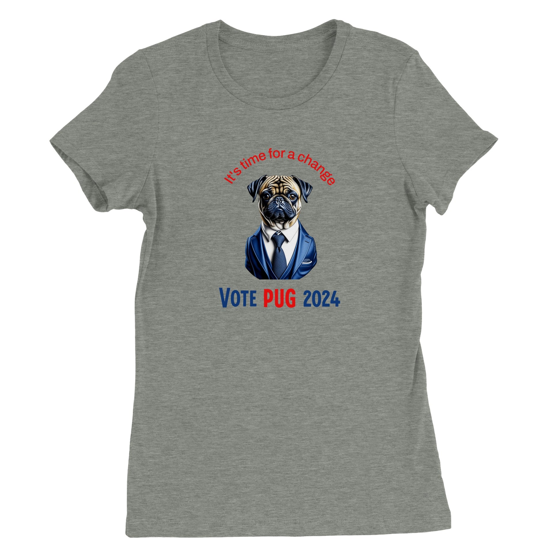 Athletic heather gray t-shirt with the head and torso of a pug in a blue satiny suit and tie on it. Above the image are the words "It's time for a change" in blue and below in all caps are the words "Vote Pug 2024" with "vote" and "2024" in blue and the word "Pug" in red.