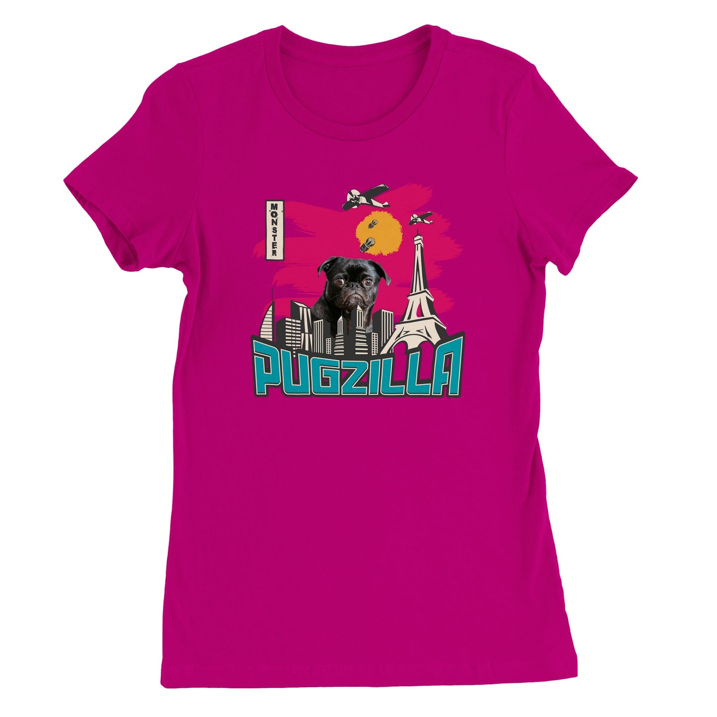 Dark pink t-shirt with the image of a black pug standing over a cityscape under a pink sky with jets dropping bombs on him and with the word "Pugzilla" under it.