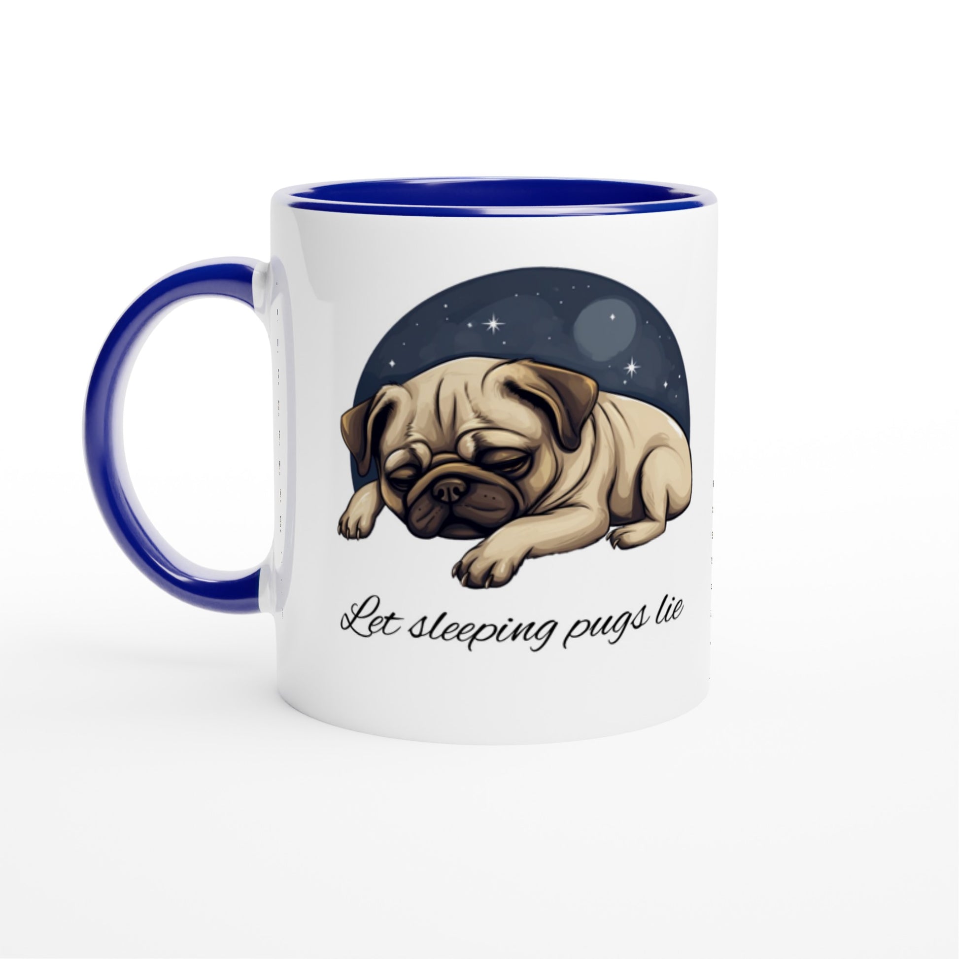 White mug with blue handle, rim, and inside with a cartoonish picture of a sleeping pug surrounded by a half-circle of starry night sky with the words "Let sleeping pugs lie" under the image in cursive lettering.