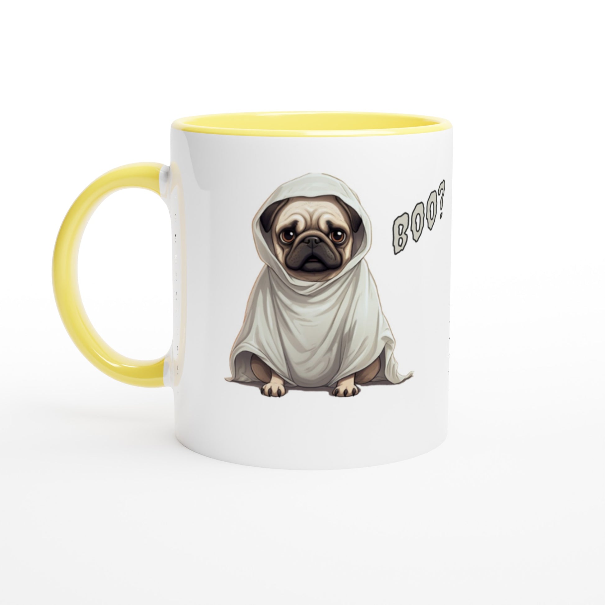 White mug with yellow handle, rim, and inside with a fawn-colored cartoon-style pug on it. The pug has a concerned expression and is wearing a ghost costume. The word "Boo?" is on the right side of the image.