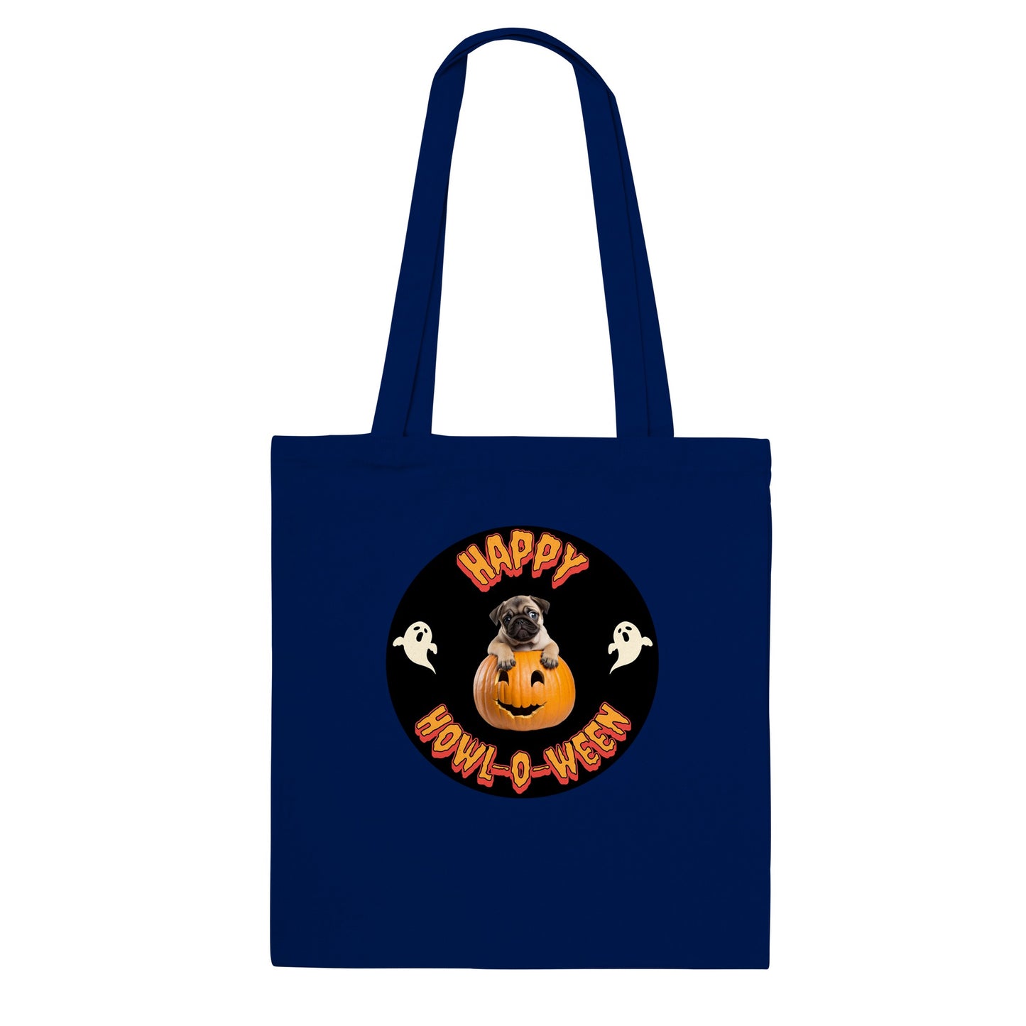 Navy tote bag with a black circle in the middle. Centered in the circle is a pug puppy climbing out of a jack-o-lantern with the word "Happy" in orange spooky letters curved above the image and "Howl-o-ween" in orange spooky letters curved below the image and a white ghost on either side of the image.