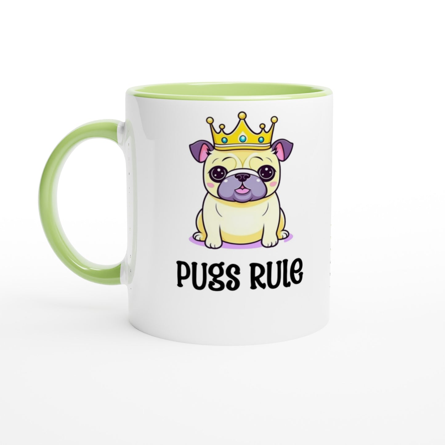 A white mug with a light green handle, rim, and inside and an image of a  kawaii icon-style pug wearing  a crown with the words "Pugs rule" underneath the image