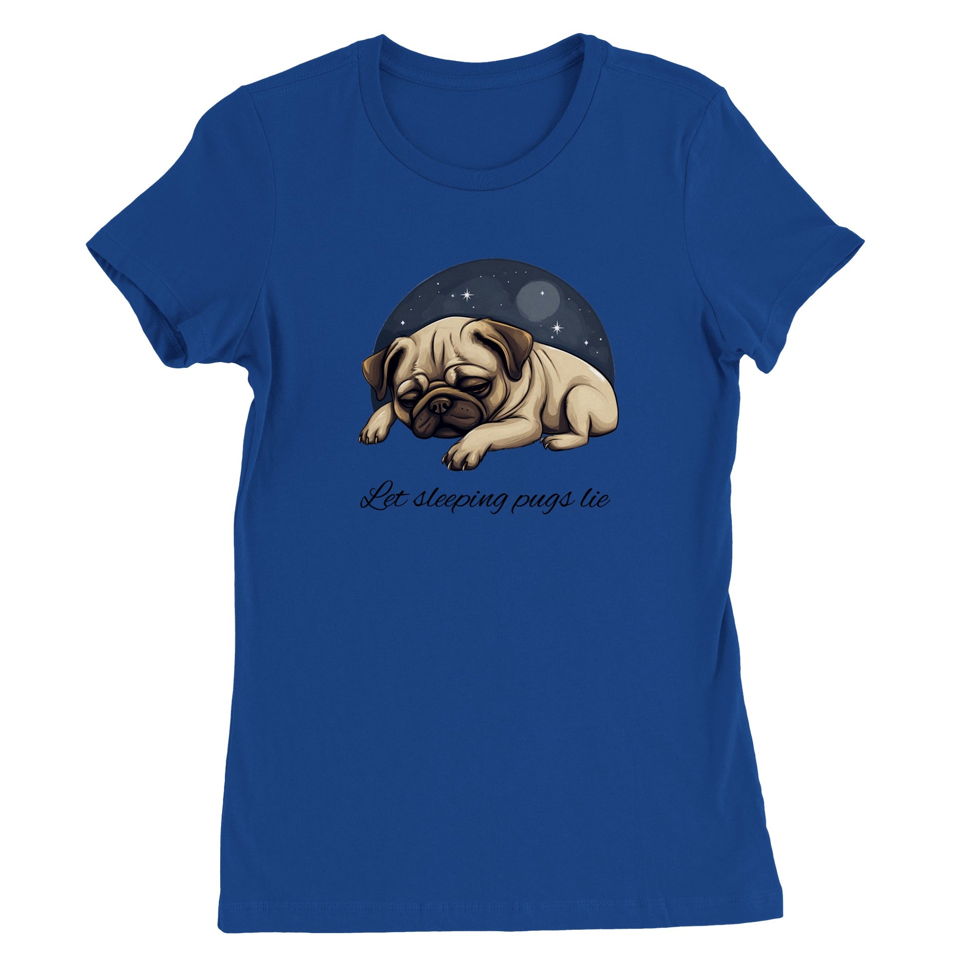 Blue t-shirt with a cartoonish picture of a sleeping pug surrounded by a half-circle of starry night sky with the words "Let sleeping pugs lie" under the image in cursive lettering.