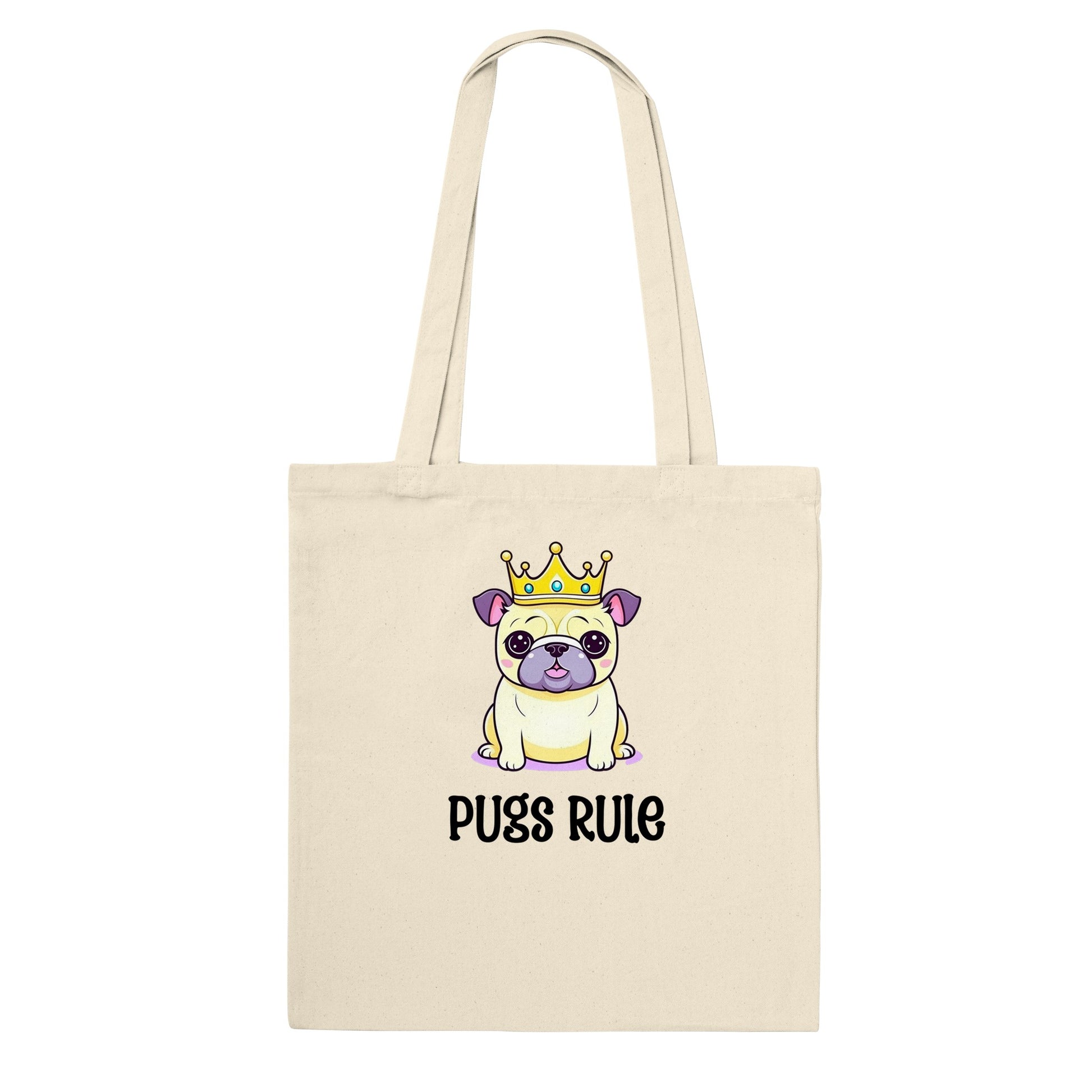 A natural beige tote bag with an image of a kawaii icon-style pug wearing  a crown with the words "Pugs rule" underneath the image