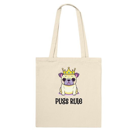 A natural beige tote bag with an image of a kawaii icon-style pug wearing  a crown with the words "Pugs rule" underneath the image