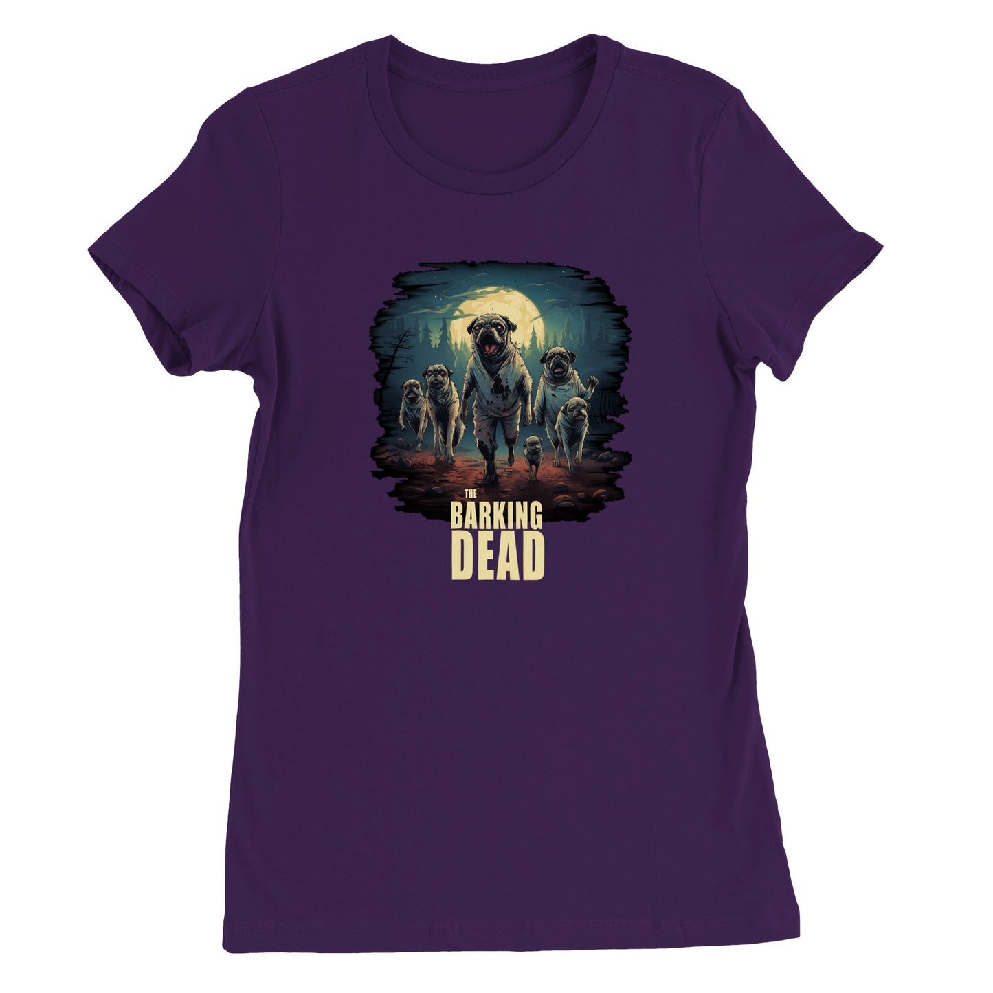 Purple t-shirt with the image of a group of zombie pugs walking through a forest on a spooky moonlit night with the words "The barking dead" underneath the image