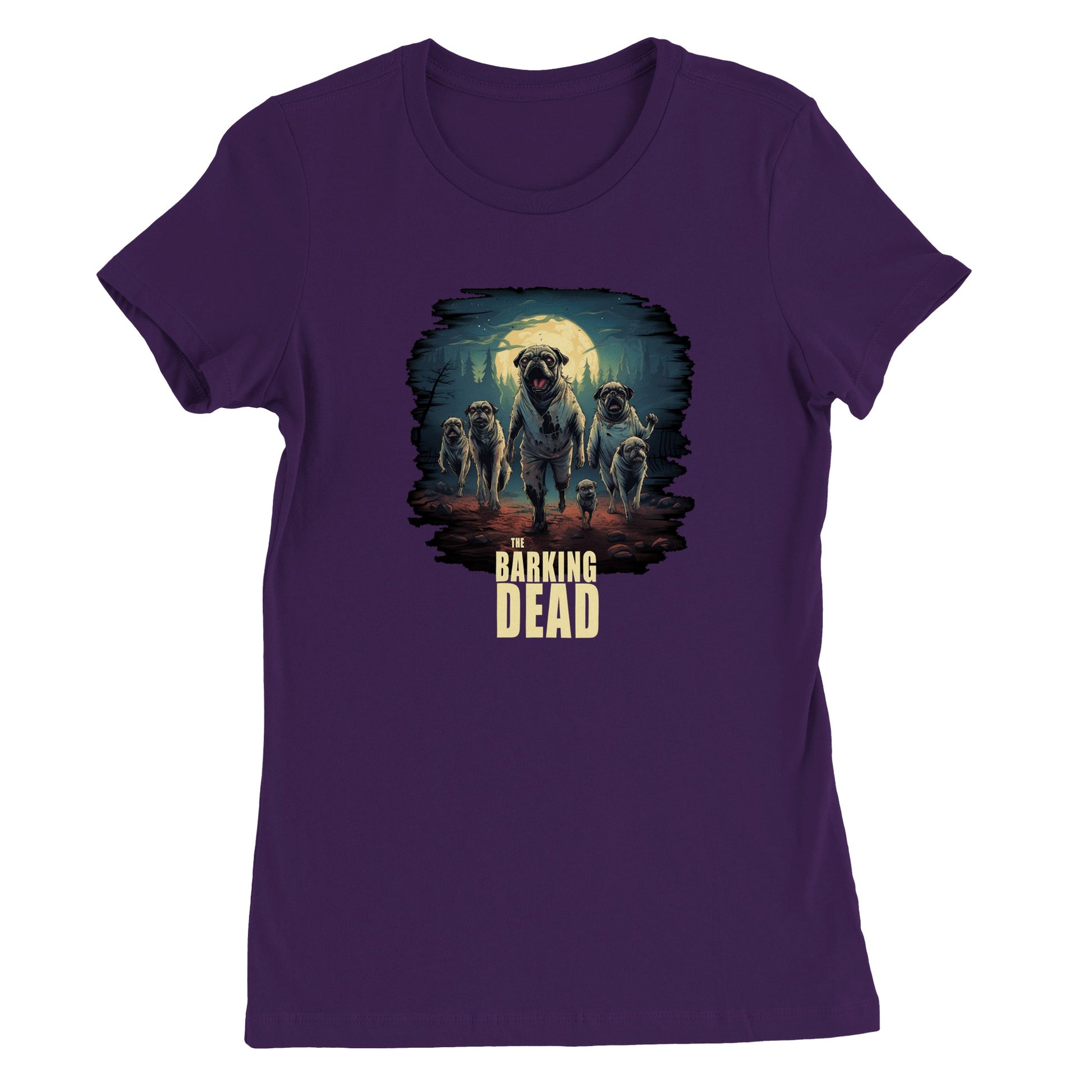 Purple t-shirt with the image of a group of zombie pugs walking through a forest on a spooky moonlit night with the words "The barking dead" underneath the image