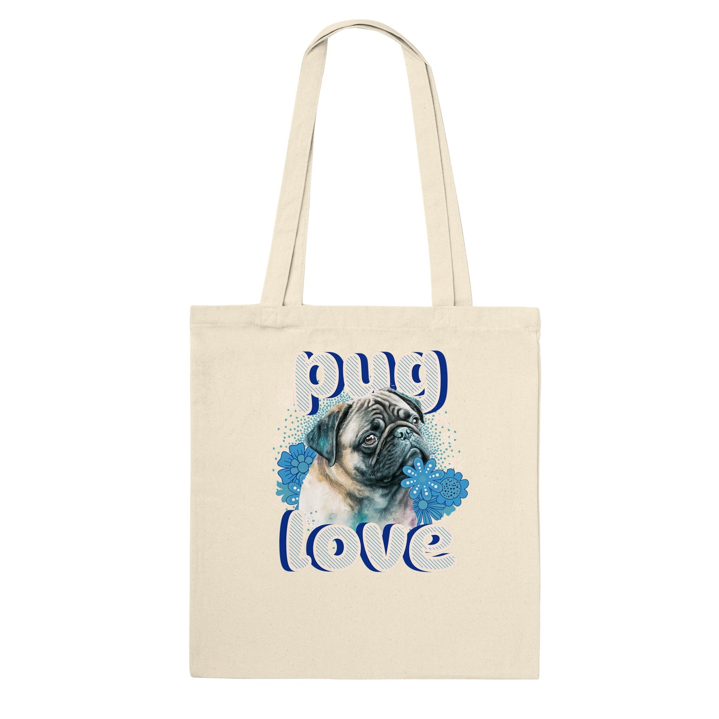 Natural beige tote bag with a pug's head and shoulders surrounded by blue flowers and white stars and paw prints with the word "pug" above and the word "love" below in puffy bubble letters.