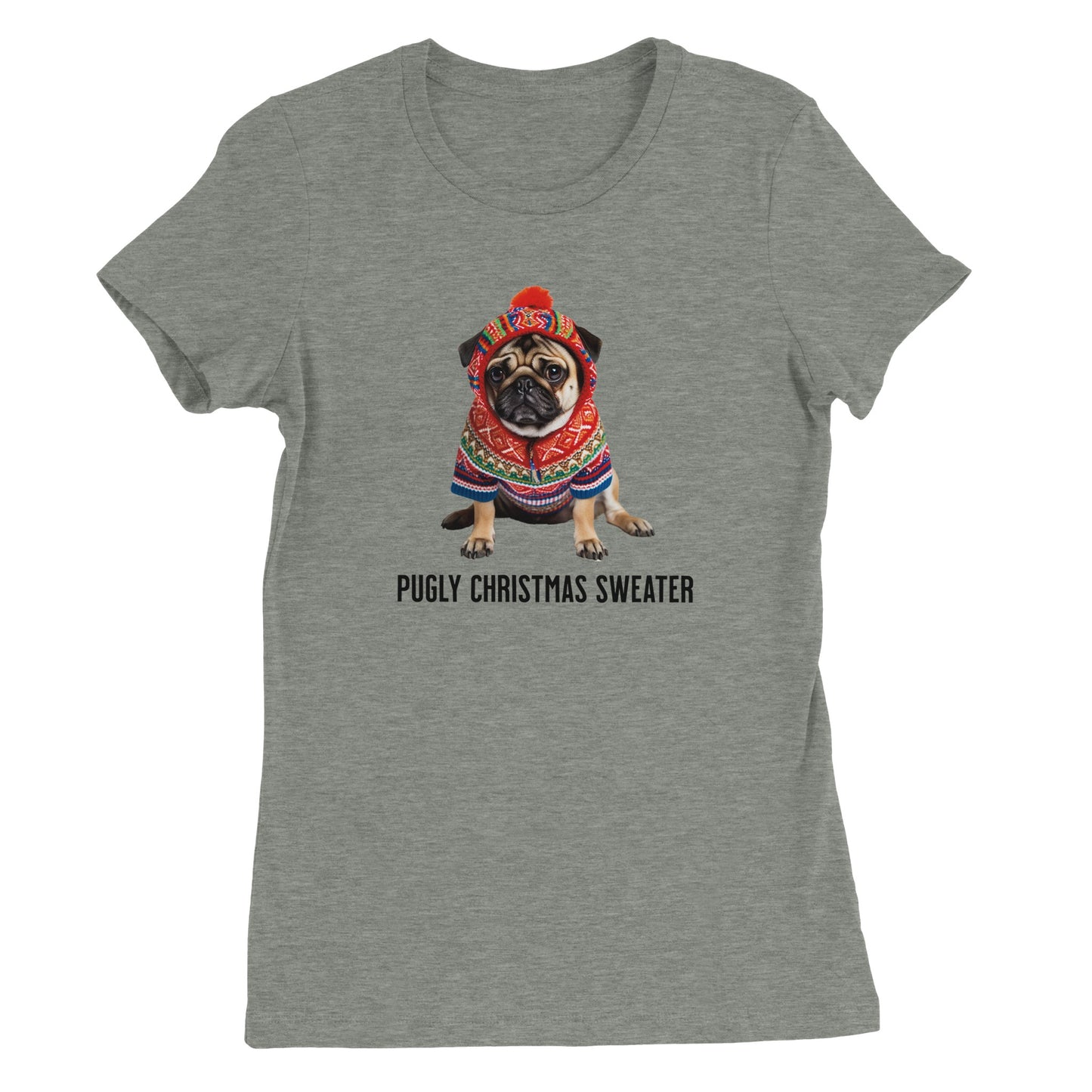 Athletic heather t-shirt with a picture of a miserable-looking pug wearing an ugly Christmas sweater with a hood on it and the words "Pugly Christmas Sweater" below the image.