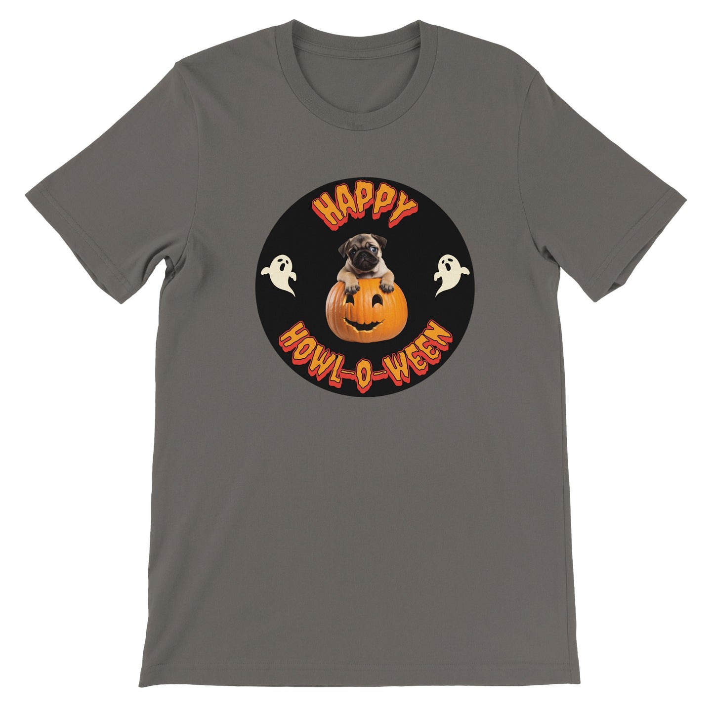 Asphalt gray t-shirt with a black circle in the middle. Centered in the circle is a pug puppy climbing out of a jack-o-lantern with the word "Happy" in orange spooky letters curved above the image and "Howl-o-ween" in orange spooky letters curved below the image and a white ghost on either side of the image.