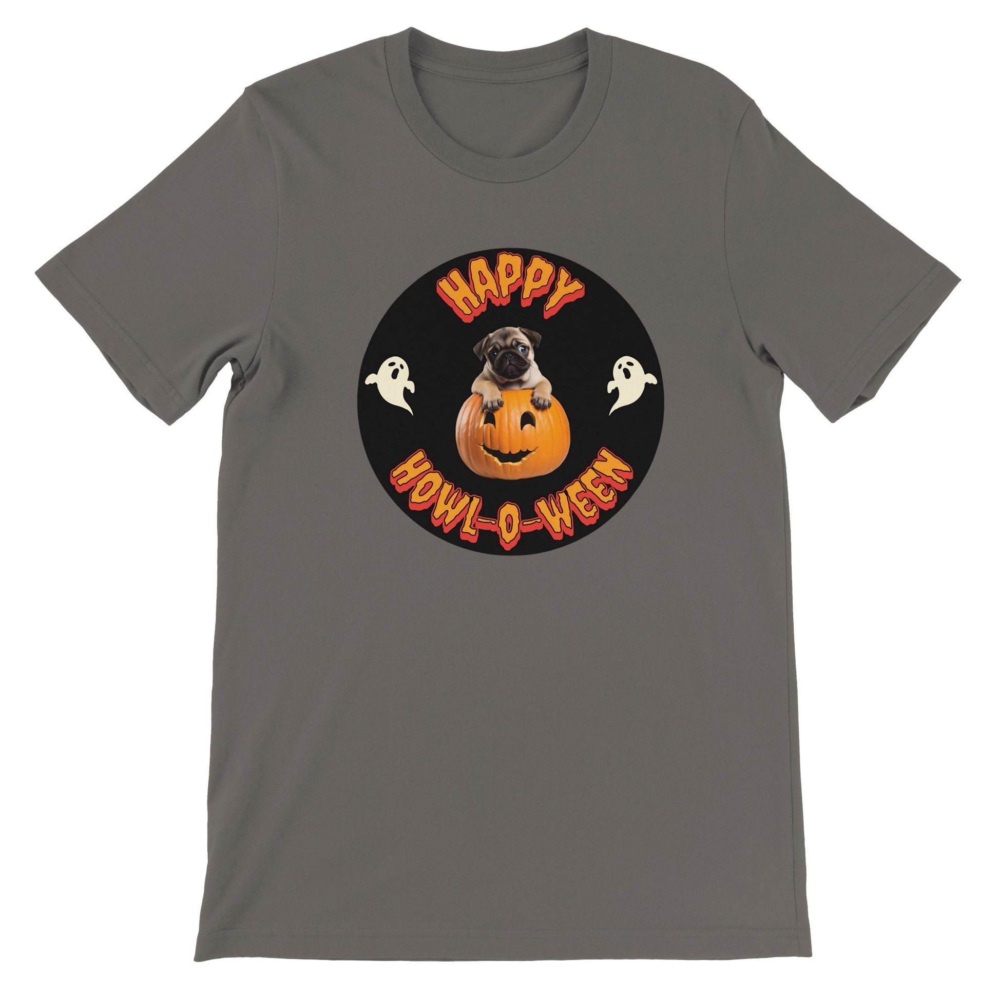 Asphalt gray t-shirt with a black circle in the middle. Centered in the circle is a pug puppy climbing out of a jack-o-lantern with the word "Happy" in orange spooky letters curved above the image and "Howl-o-ween" in orange spooky letters curved below the image and a white ghost on either side of the image.