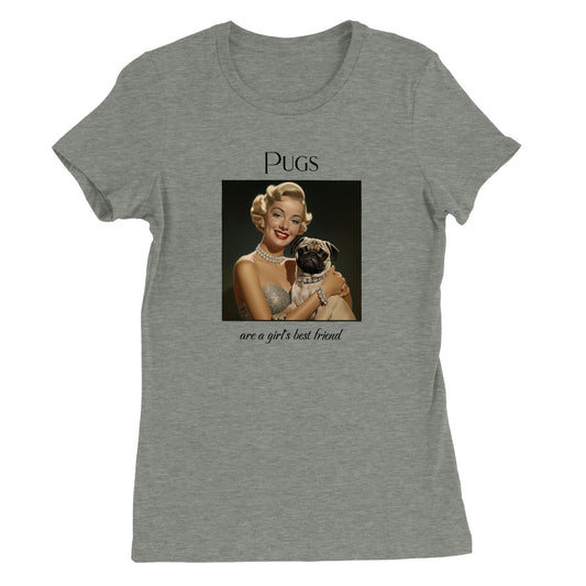 Athletic heather gray t-shirt with Image of Marilyn Monroe wearing a chunky diamond necklace and bracelet and holding a fawn-colored pug who is wearing a matching diamond collar. The word "Pugs" is above the image and the words "are a girl's best friend" are under the image.