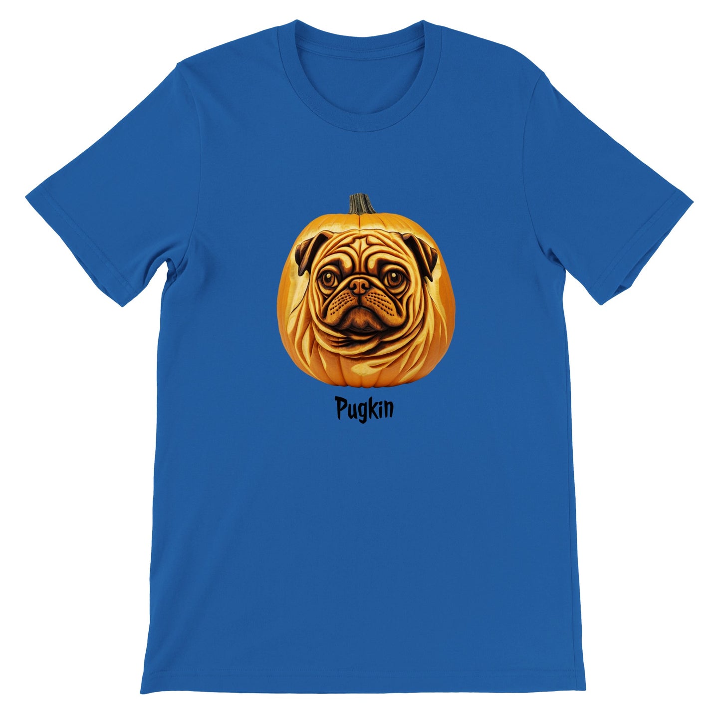 Royal Blue t-shirt with a pumpkin that has the face of a pug on it. The word Pugkin is written beneath the image.