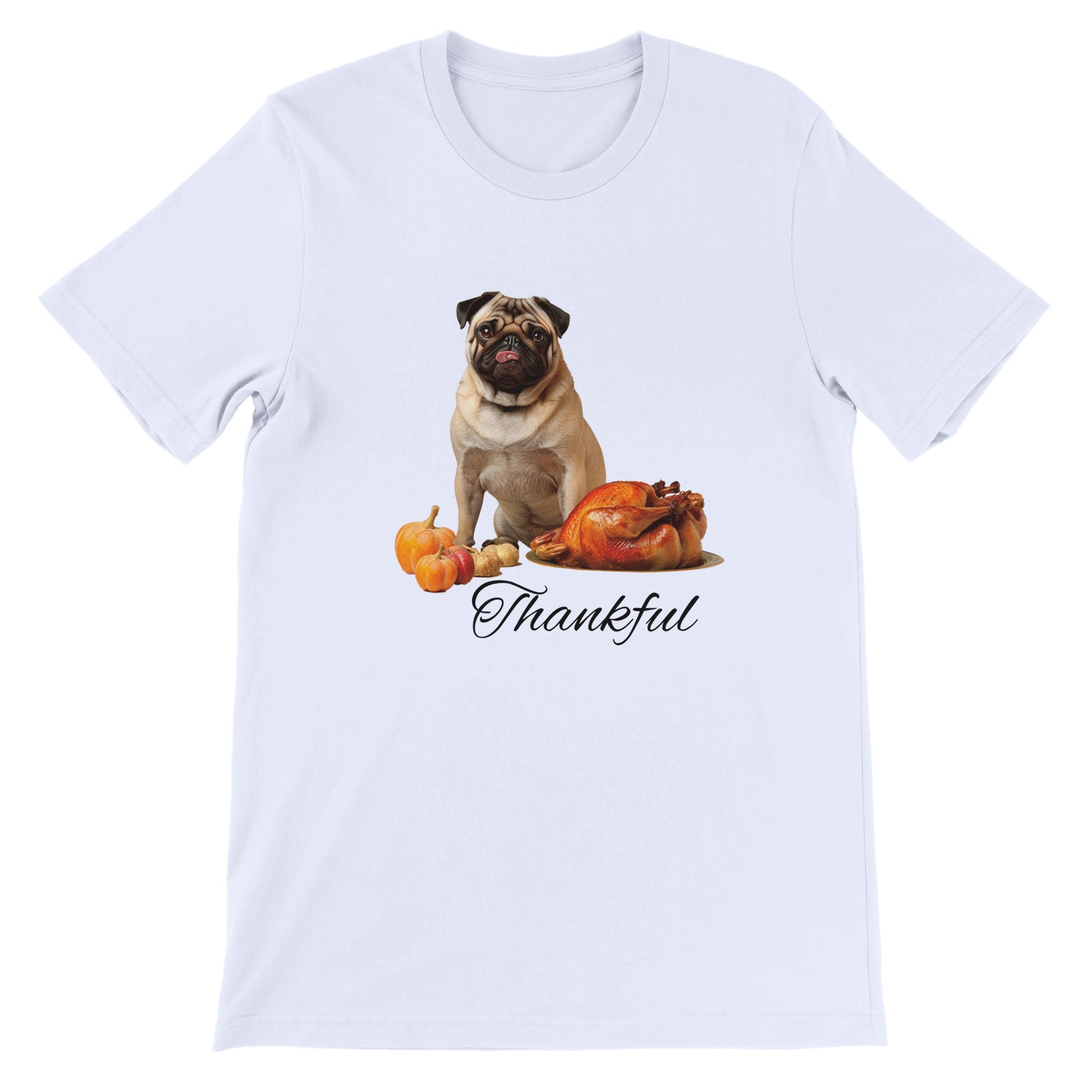 Ash t-shirt with a pug sitting behind pumpkins and a roast turkey with the word "Thankful" under it.