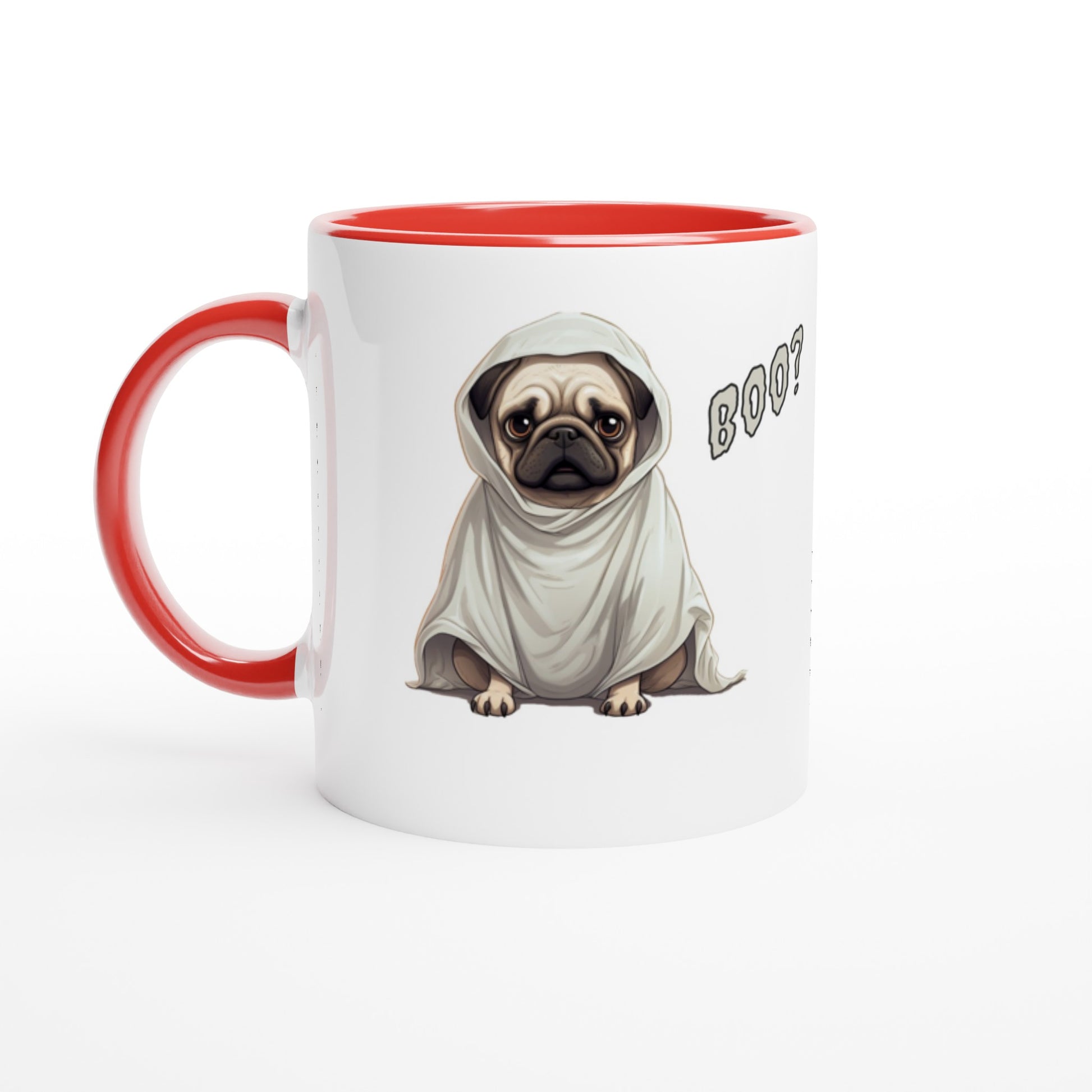 White mug with red handle, rim, and inside with a fawn-colored cartoon-style pug on it. The pug has a concerned expression and is wearing a ghost costume. The word "Boo?" is on the right side of the image.