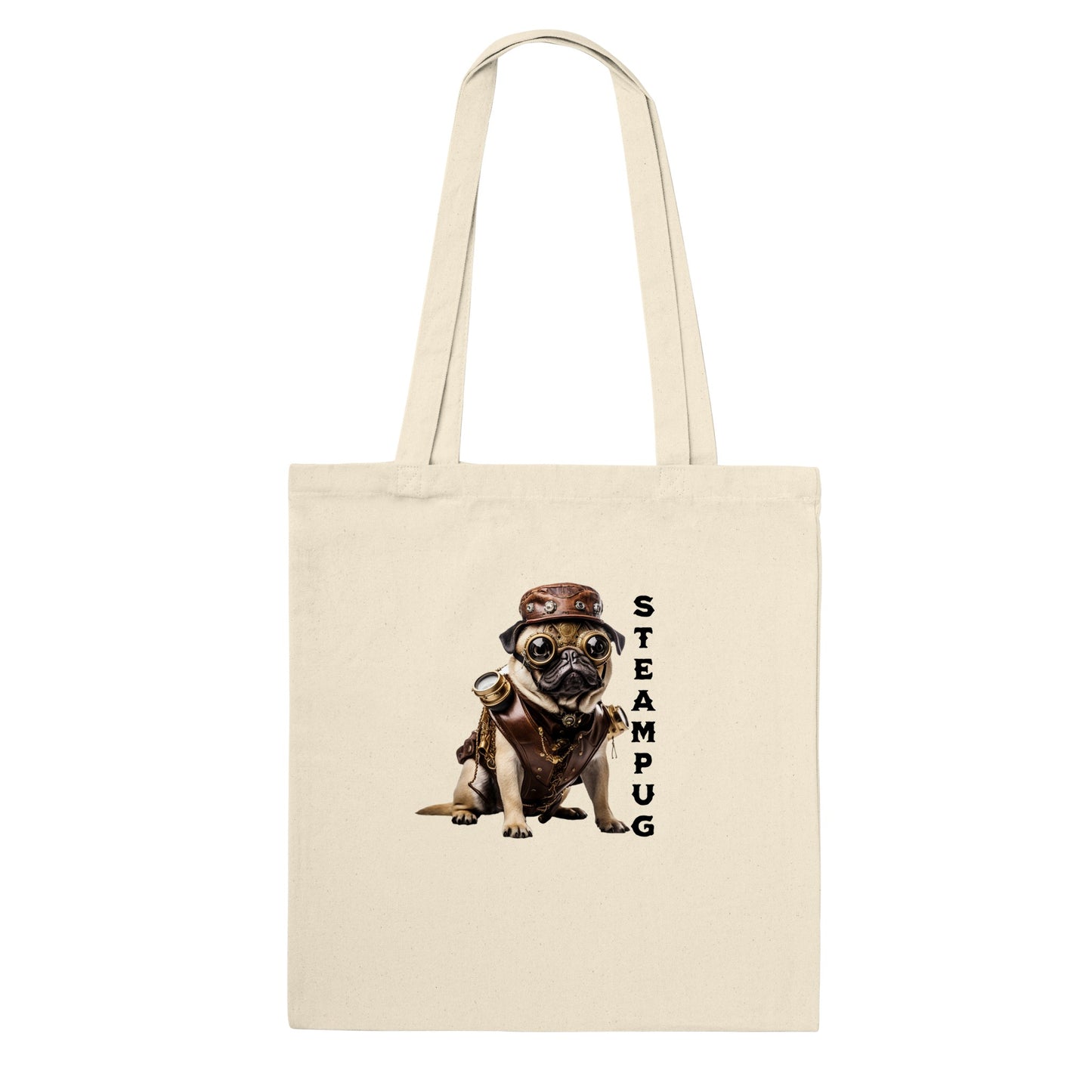 Natural beige tote bag with a pug dressed in a steampunk-style  outfit, goggles, and hat with the word "Steampug" written down the right side of the image.