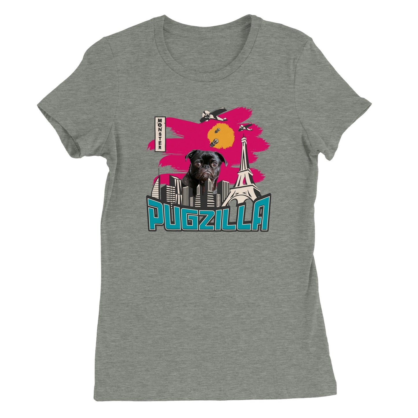 Athletic heather gray t-shirt with the image of a black pug standing over a cityscape under a pink sky with jets dropping bombs on him and with the word "Pugzilla" under it.