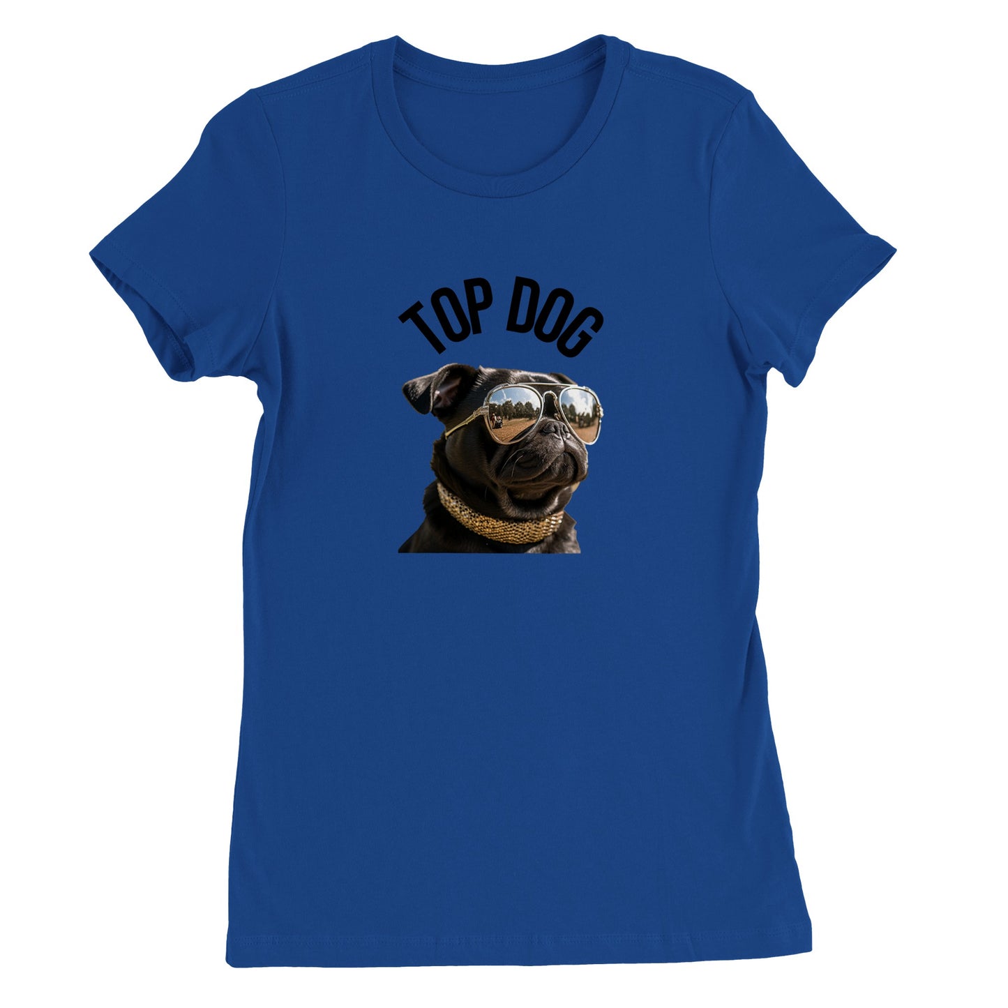 Royal blue t-shirt with the image of a black pug wearing reflective aviator sunglasses and a gold collar. The words "Top Dog" are written in an arc above the image.