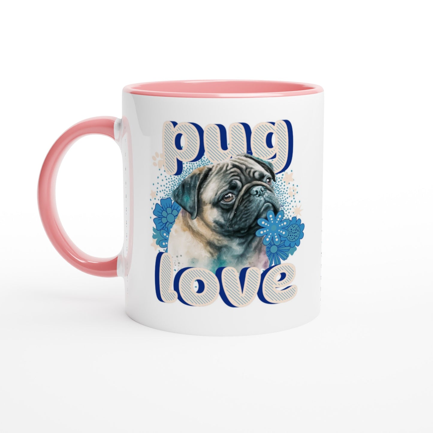 White mug with a pink handle, rim, and inside with the design of a pug's head and shoulders surrounded by blue flowers and white stars and paw prints with the word "pug" above and the word "love" below in puffy bubble letters.