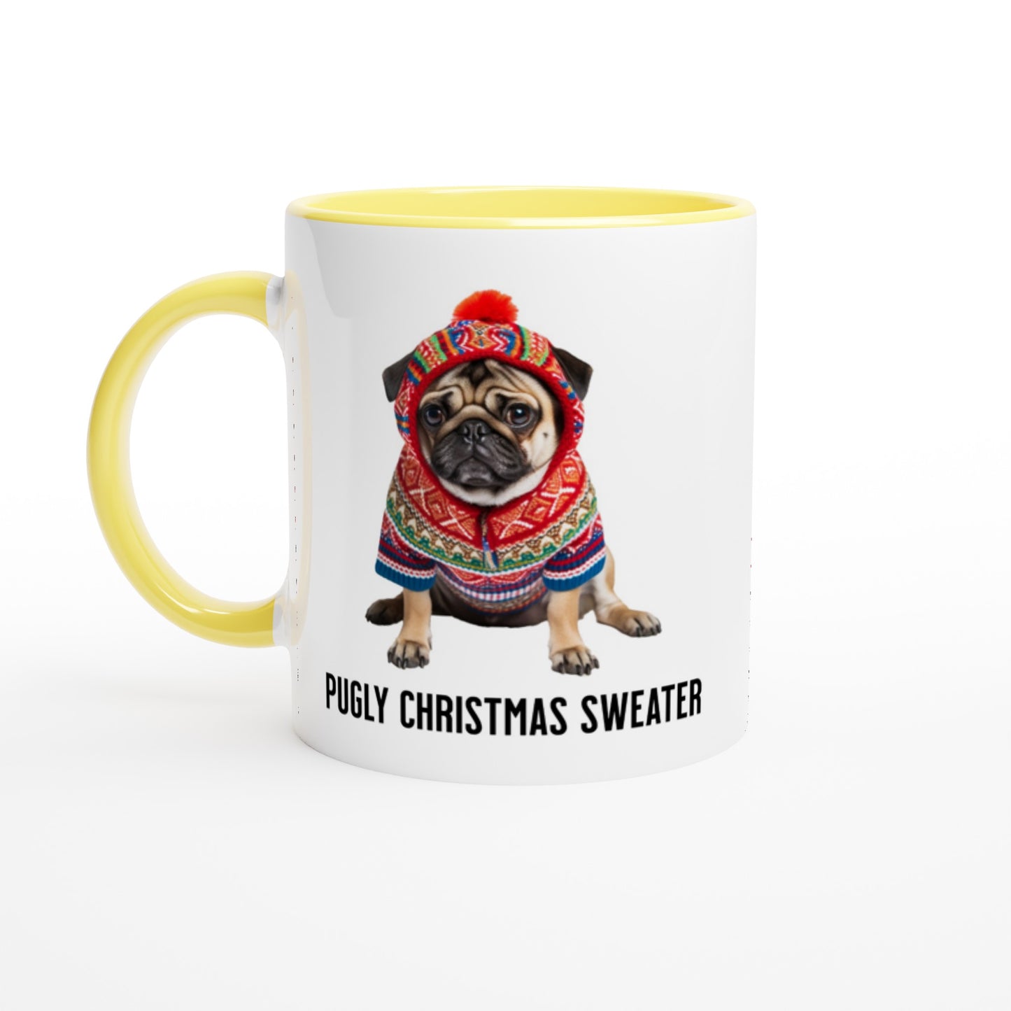 White ceramic mug with yellow handle, lip, and inside with a picture of a miserable-looking pug wearing an ugly Christmas sweater with a hood on it and the words "Pugly Christmas Sweater" below the image.