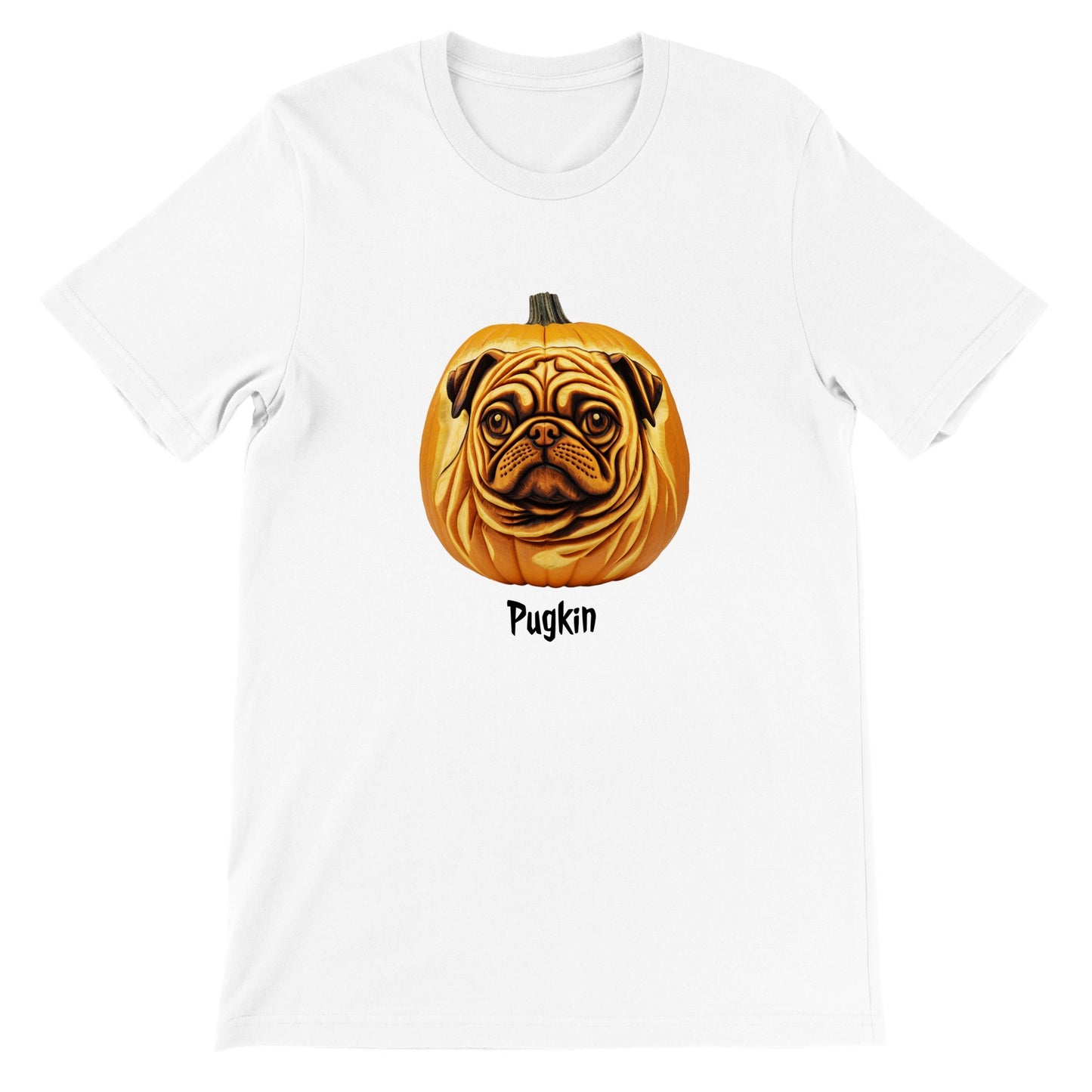 White t-shirt with a pumpkin that has the face of a pug on it. The word Pugkin is written beneath the image.