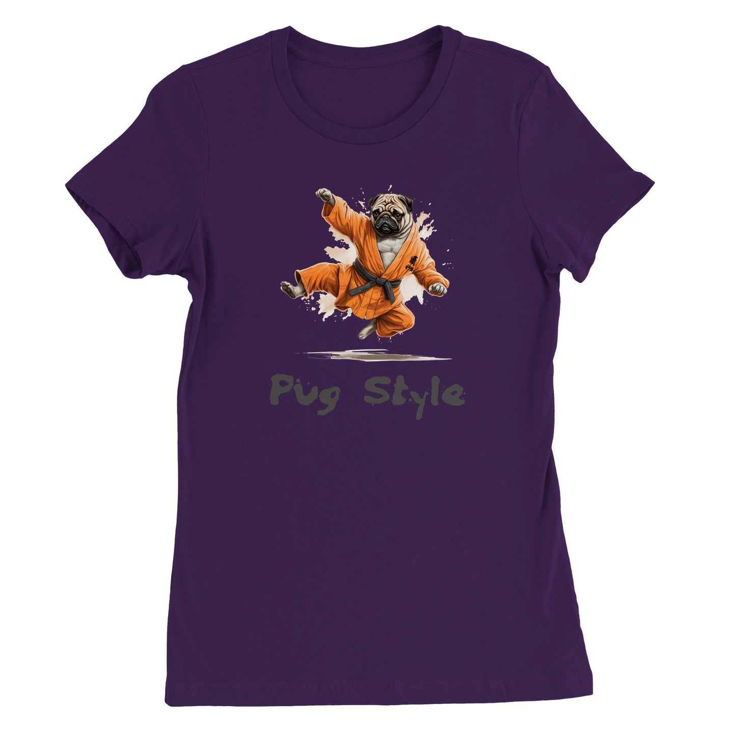 Purple t-shirt with a picture of a cartoon pug wearing an orange gi and doing a flying sidekick with the words "Pug Style" written underneath.