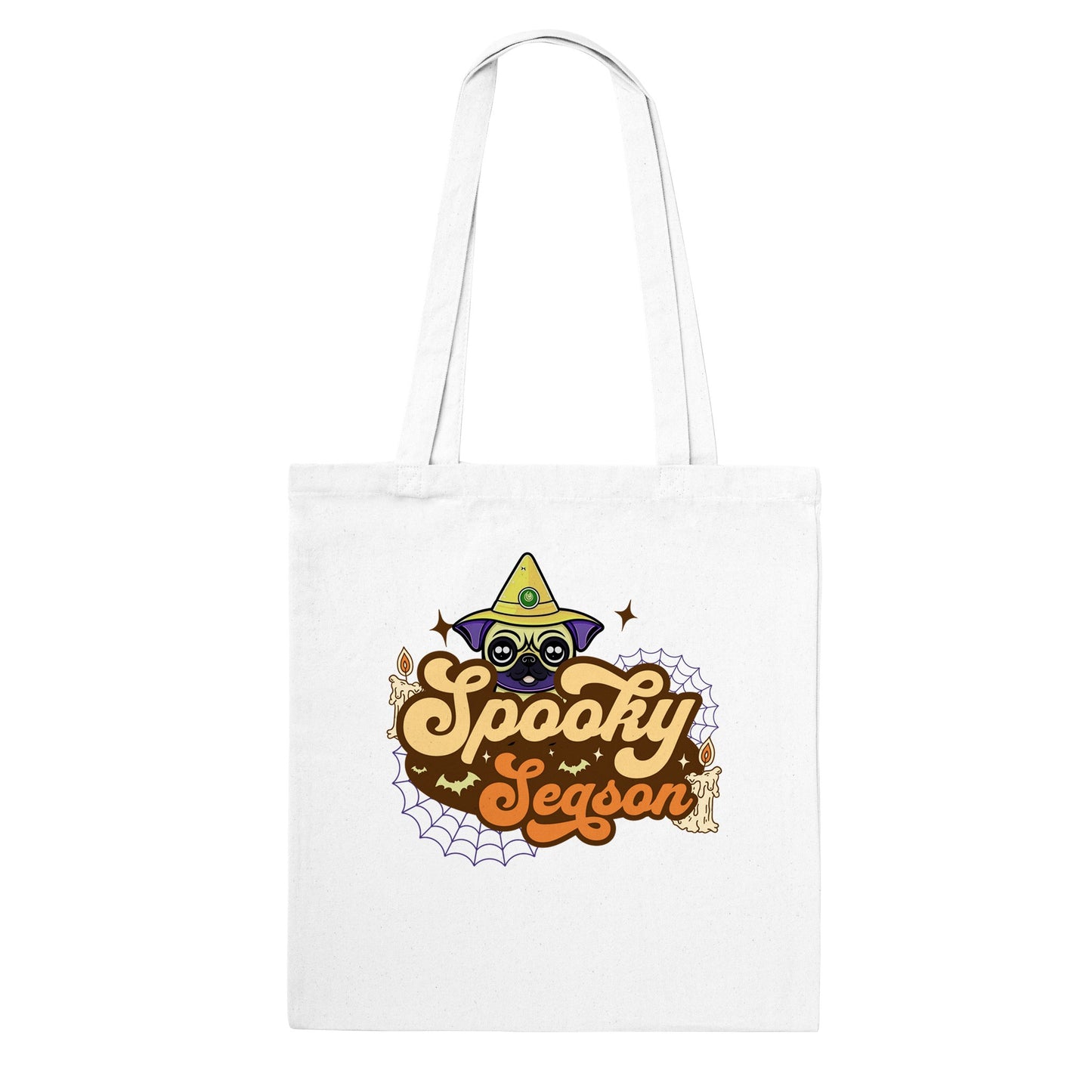 White tote bag with the image of a pug's head in a witch's hat and the words "Spooky Season" below it. The image also has cobwebs, bats, and candles in it.