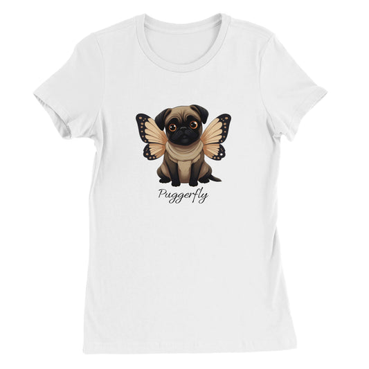 White t-shirt with a cartoon style picture of a fawn-colored pug with orangey-beige butterfly wings attached to her back and big sad eyes. The word "Puggerfly" is beneath the image.